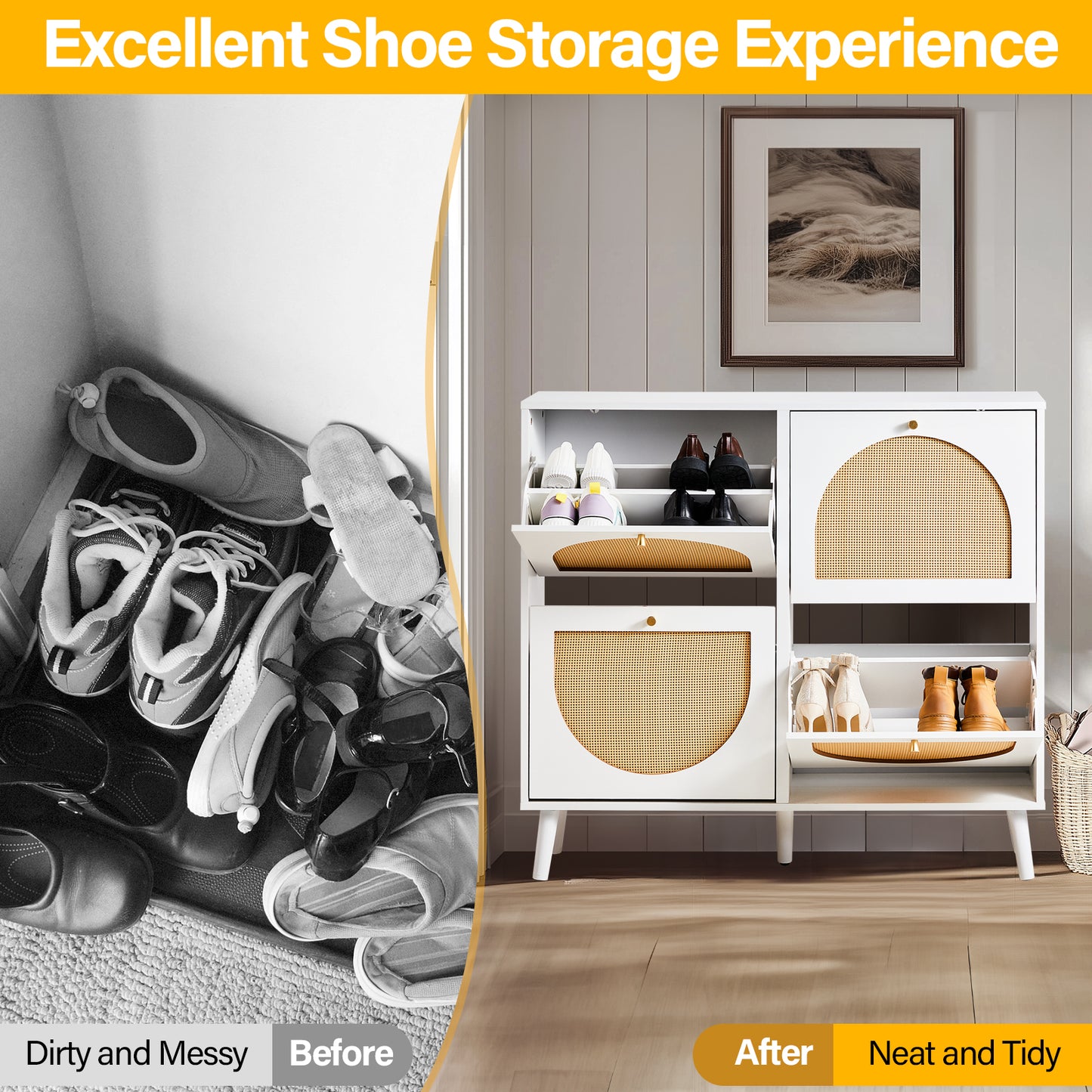 2-Row 4-Bucket Rattan Shoe Cabinet, White & Wood Finish w/ Gold High Legs