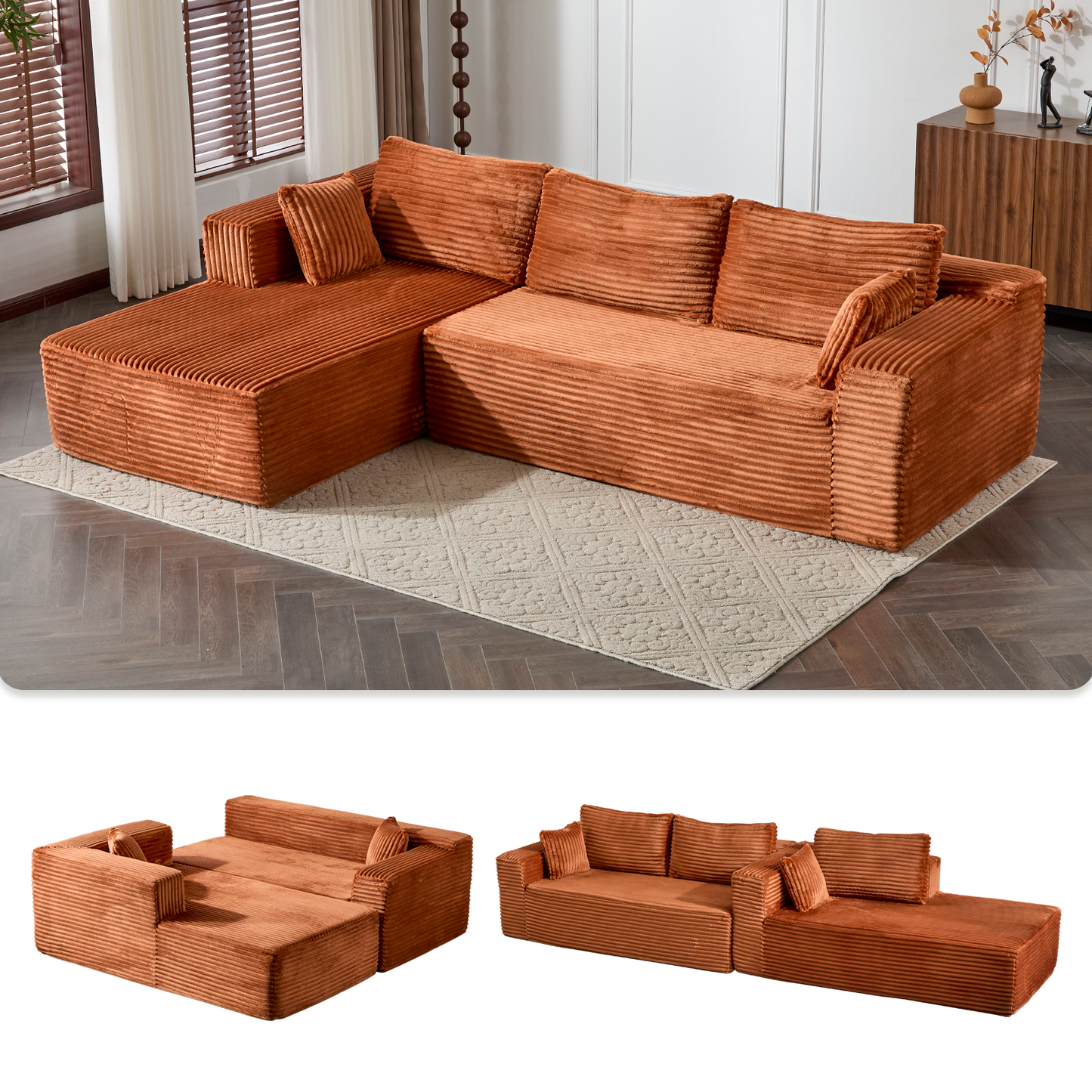 Modular L-Shaped Corduroy Sectional Sofa with Chaise – Brown