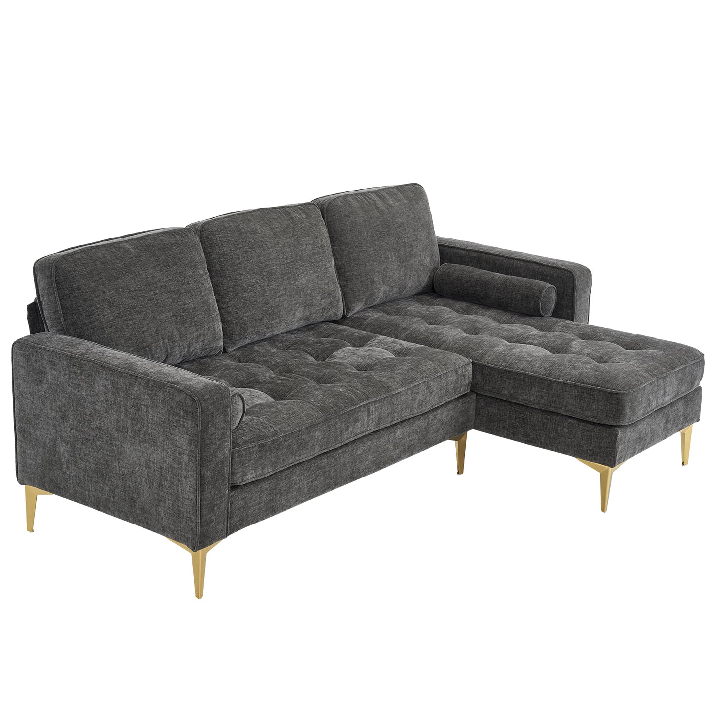 3-Seater Chenille Modular Sofa with Footstool, Gold Legs – Dark Gray