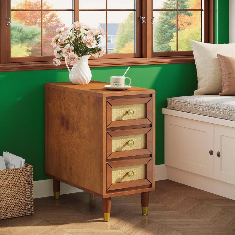Solid Wood Coffee Table with 3 Rattan Drawers – Rustic Boho Accent End Table