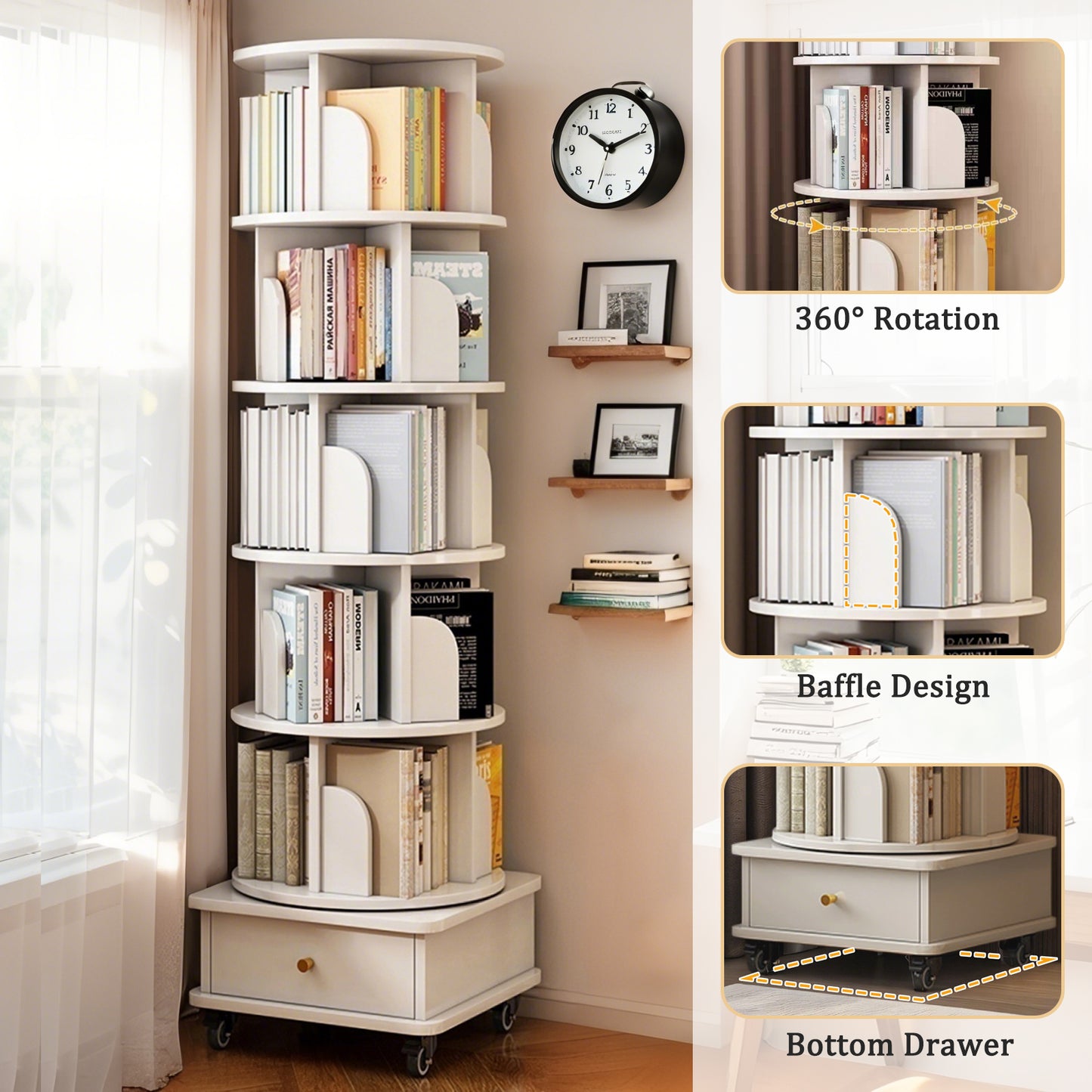 6-Tier 360° Rotating Bookshelf with Wheels & Drawer, Space-Saving Warm White