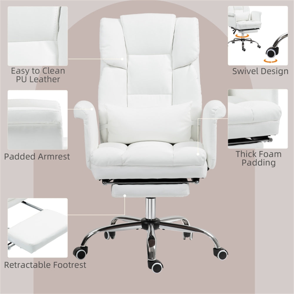 White Massage Office Chair with Reclining Back, Footrest & PU Leather Finish