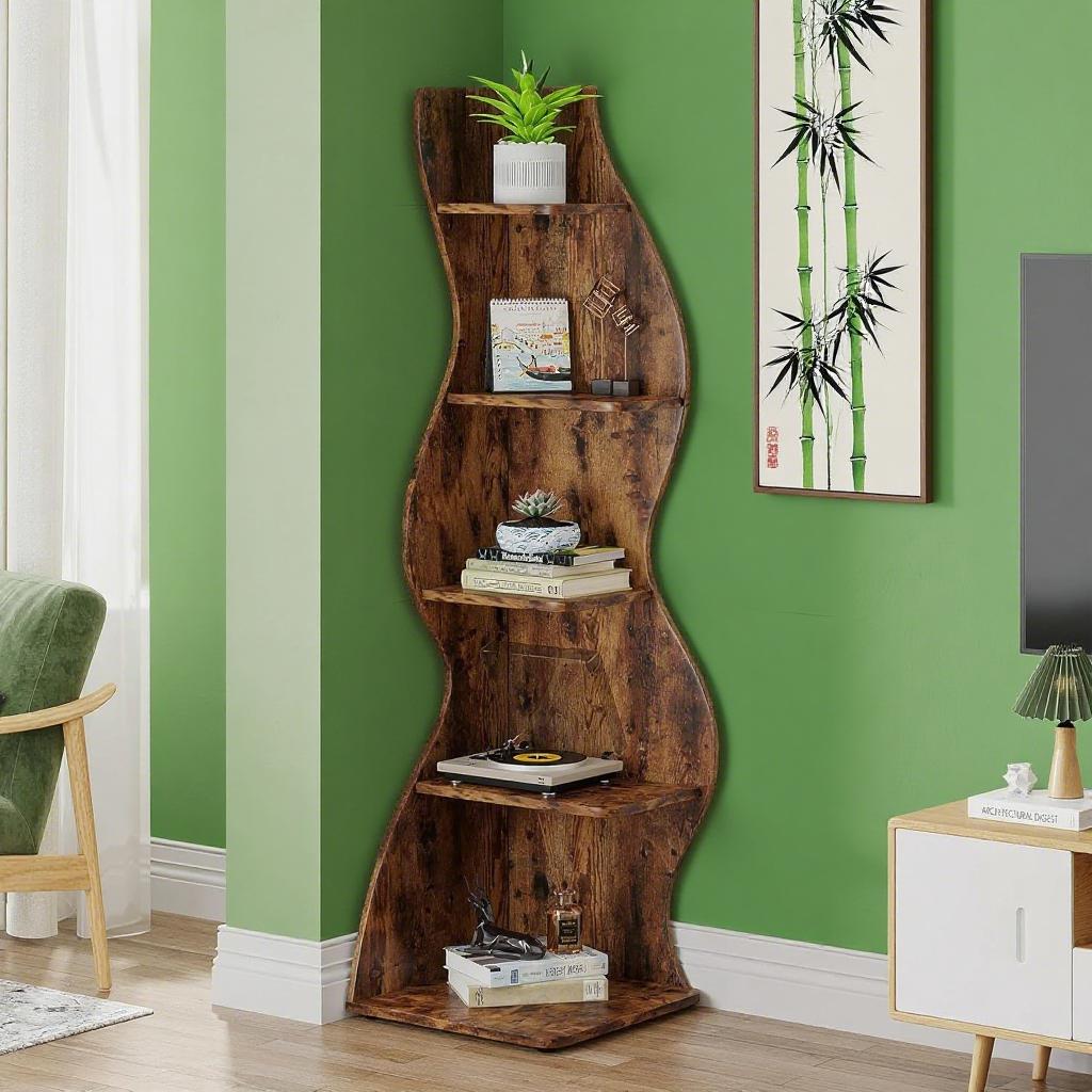 Brown Wavy 5-Tier Corner Bookshelf – Modern Sculpted Bookcase Storage Rack
