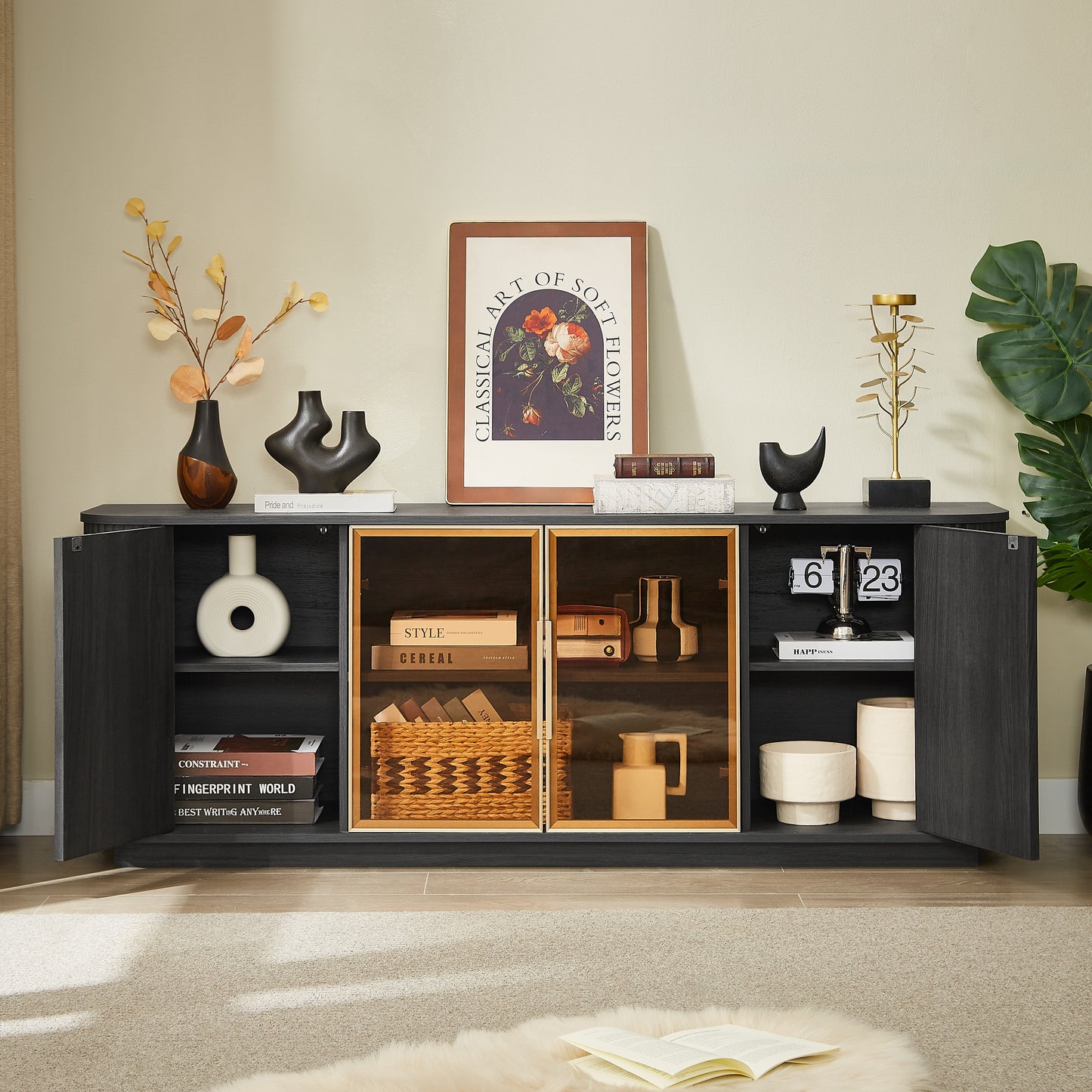 64" Wavy Black TV Cabinet with LED, Glass Doors & Storage for Living Room