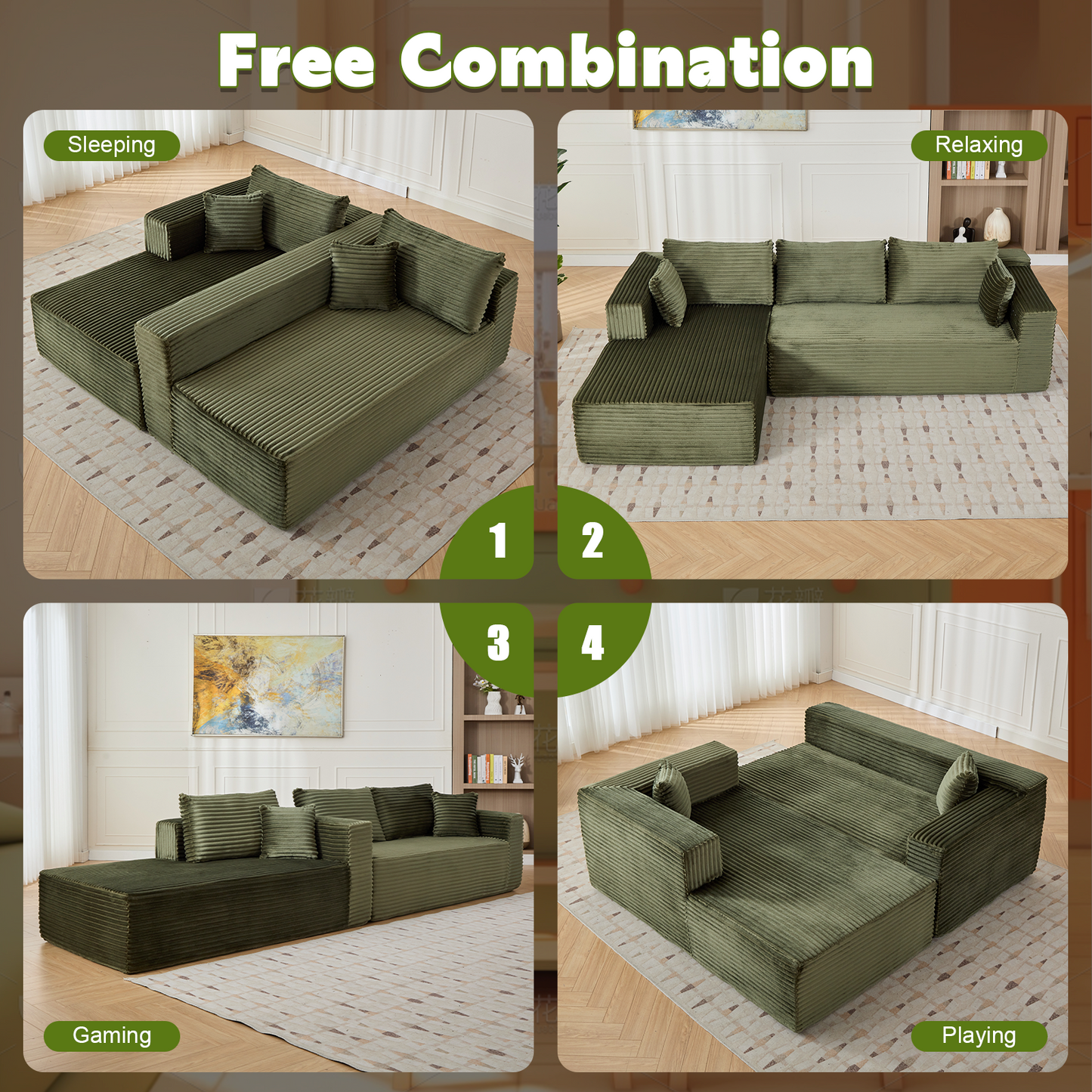 Modular L-Shaped Corduroy Sectional Sofa with Chaise – Green