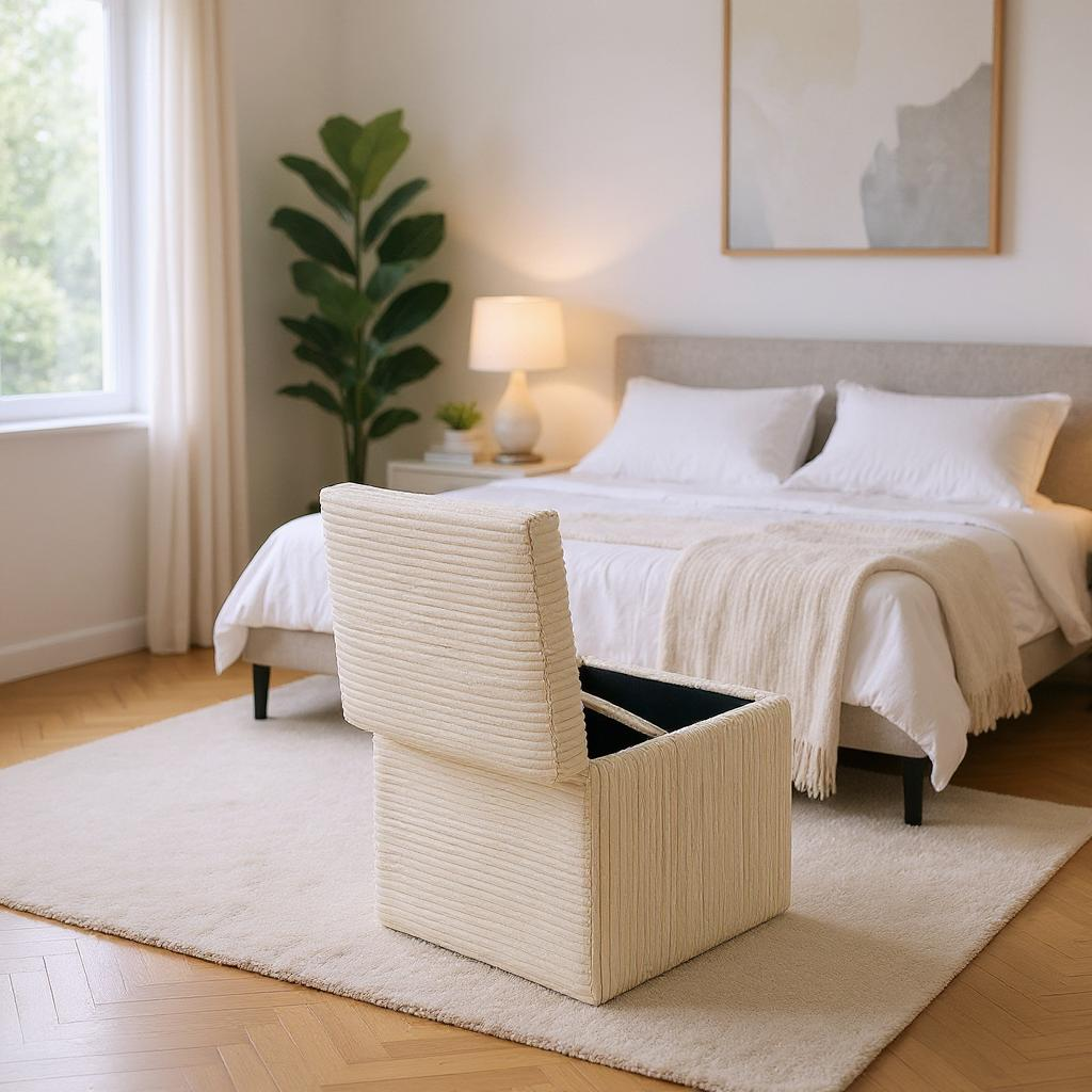 Beige Corduroy Storage Ottoman with Hidden Compartment – 16.5” Cube Seat