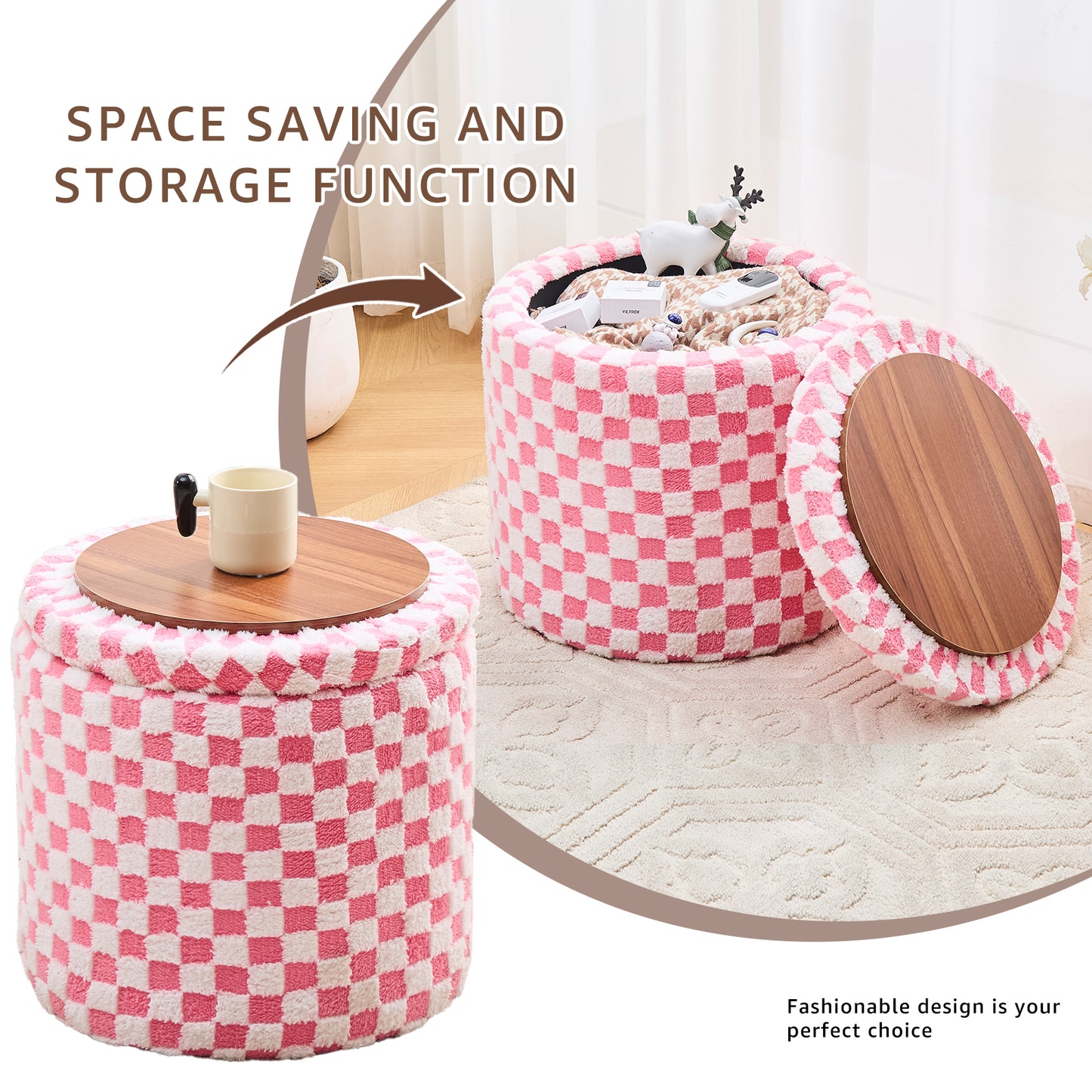 Round Pink Faux Fur Ottoman with Storage – Footrest for Bedroom or Vanity