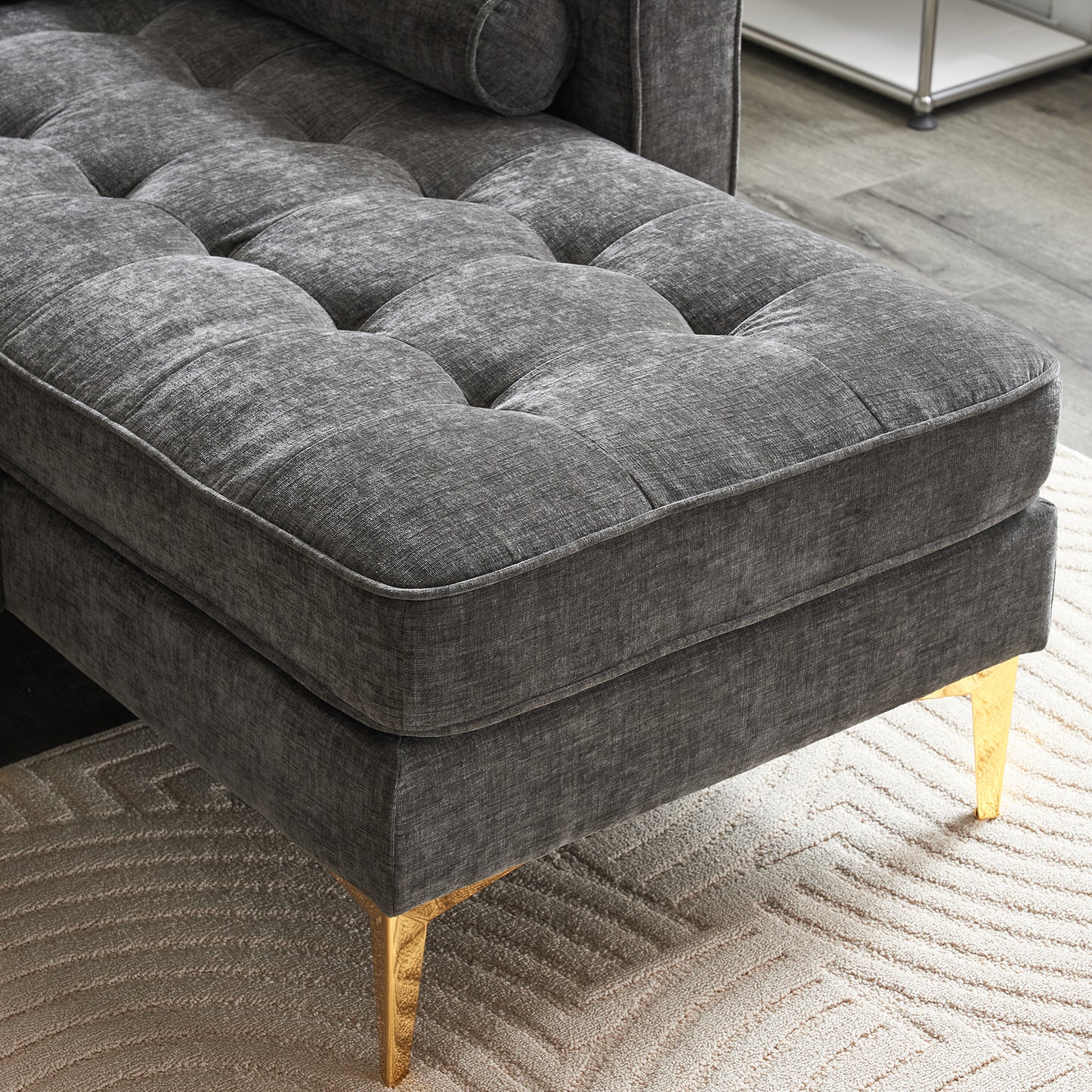 3-Seater Chenille Modular Sofa with Footstool, Gold Legs – Dark Gray