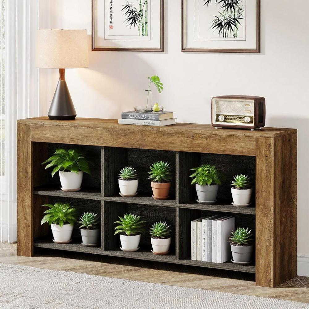 Rustic Brown 6-Cube Long Console Table – Industrial Low Bookshelf & TV Stand