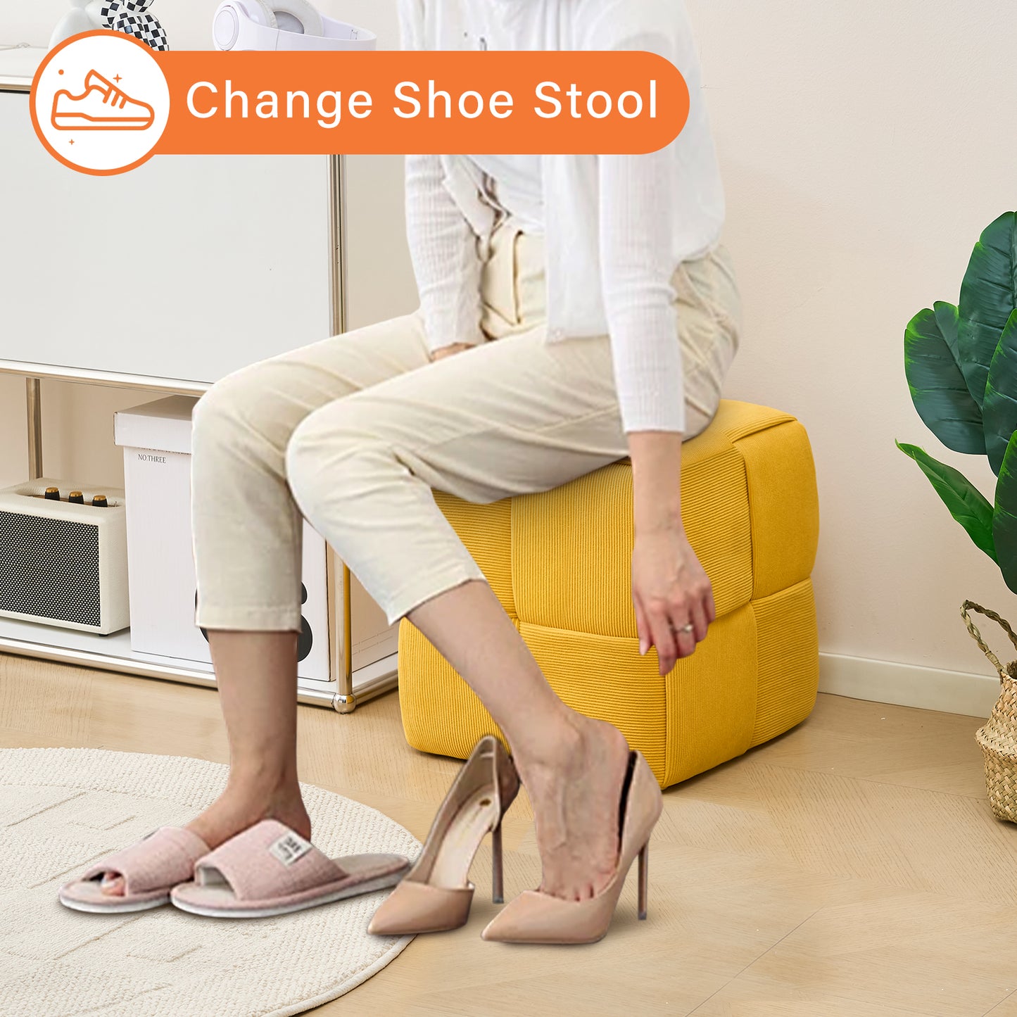 Yellow Corduroy Ottoman Vanity Stool – Square Footrest for Bedroom & Entryway