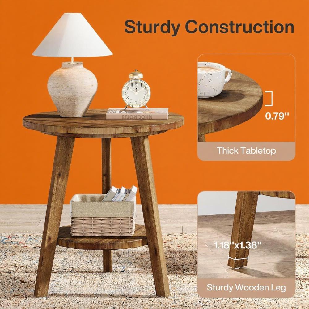 Rustic Solid Wood Round Side Table with Shelf – Natural Fir Coffee End Table