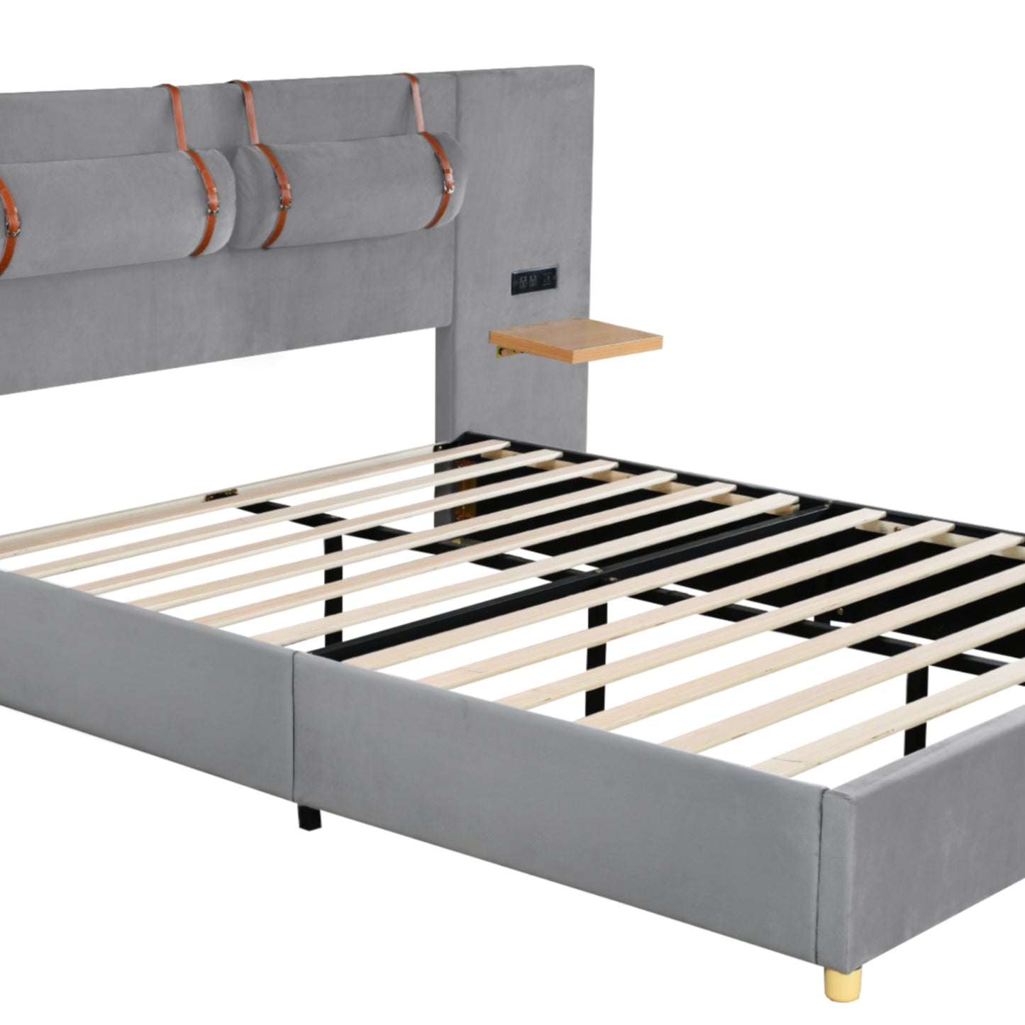 Queen Upholstered Platform Bed with USB Ports, Pillows & Storage Shelves – Gray