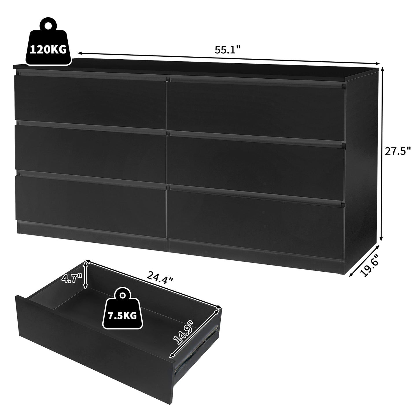 Black 6-Drawer Double Dresser – Wide Modern Storage Cabinet for Bedroom or Entryway