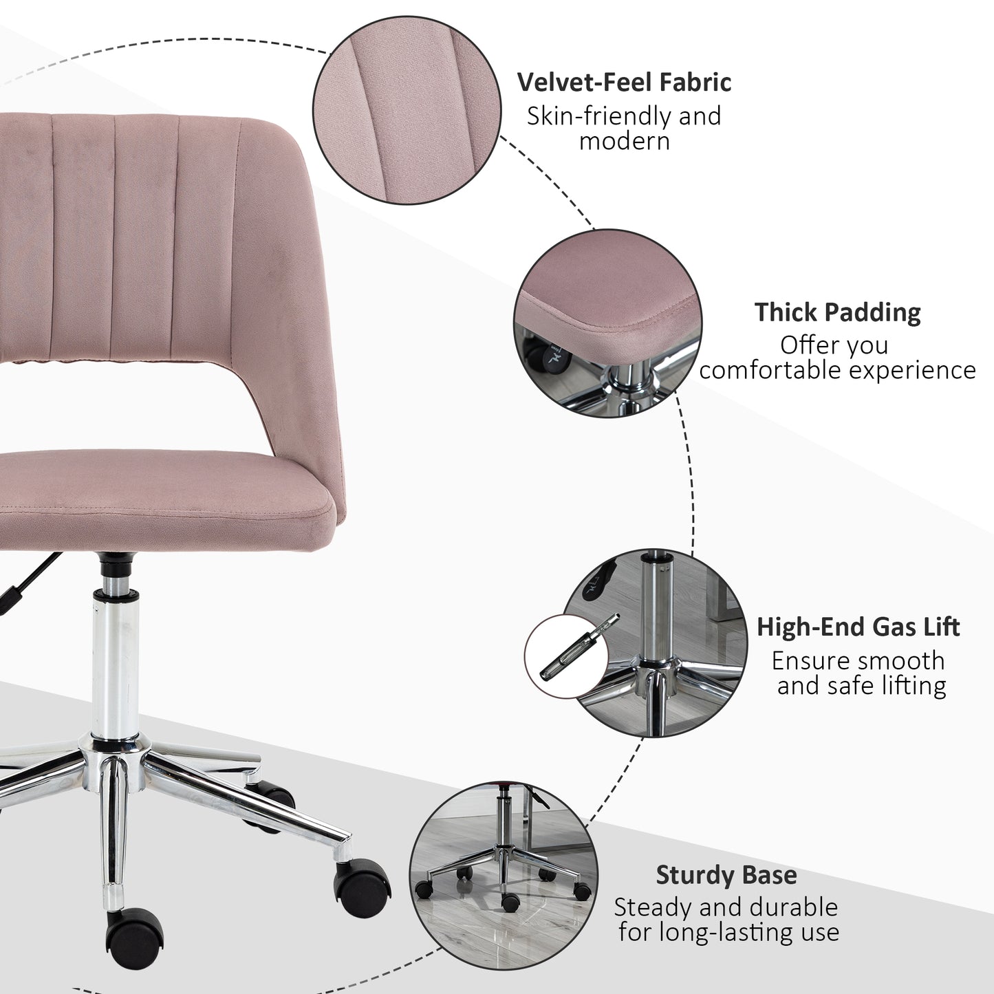 Modern Pink Velvet Office Chair – Adjustable Height, Swivel Base & Scallop Backrest