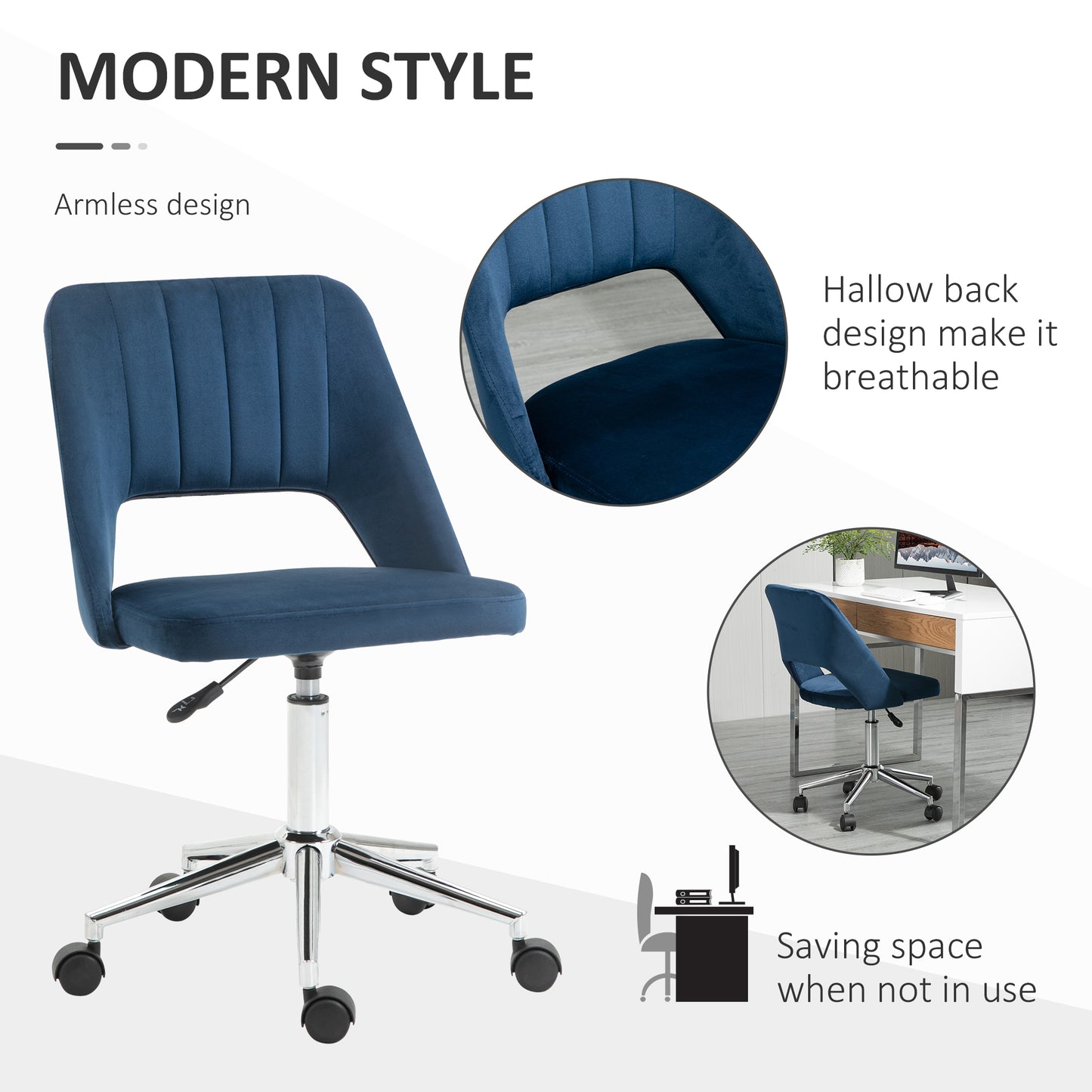 Modern Blue Velvet Office Chair – Adjustable Height, Swivel Base & Scallop Backrest