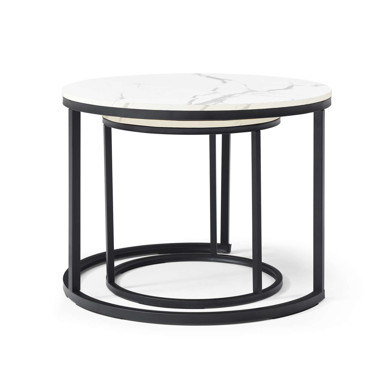 Set of 2 Nesting Coffee Tables – White & Gray Marble Top with Black Metal Frame