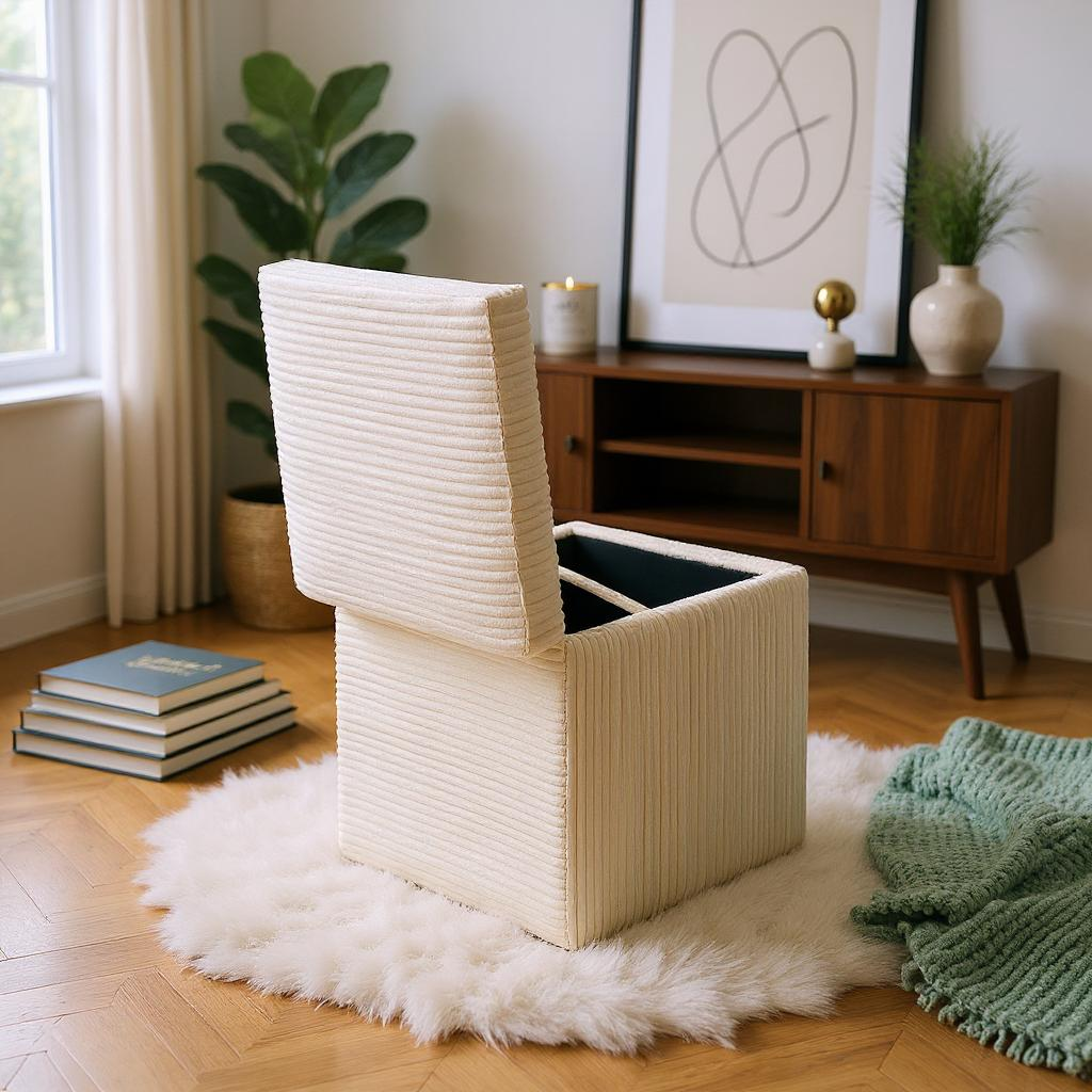 Beige Corduroy Storage Ottoman with Hidden Compartment – 16.5” Cube Seat