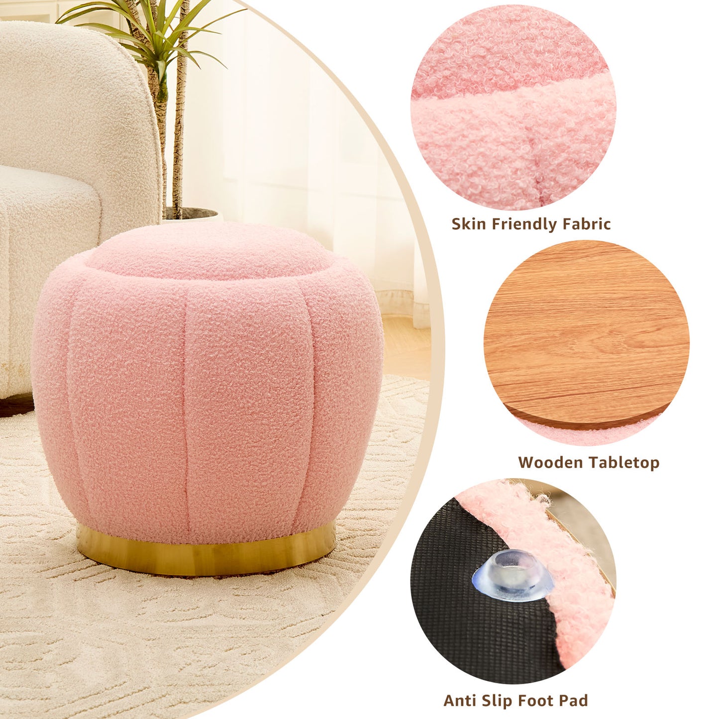 Storage Ottoman Footrest with Soft Seat, Velvet Stool Accent, Pink