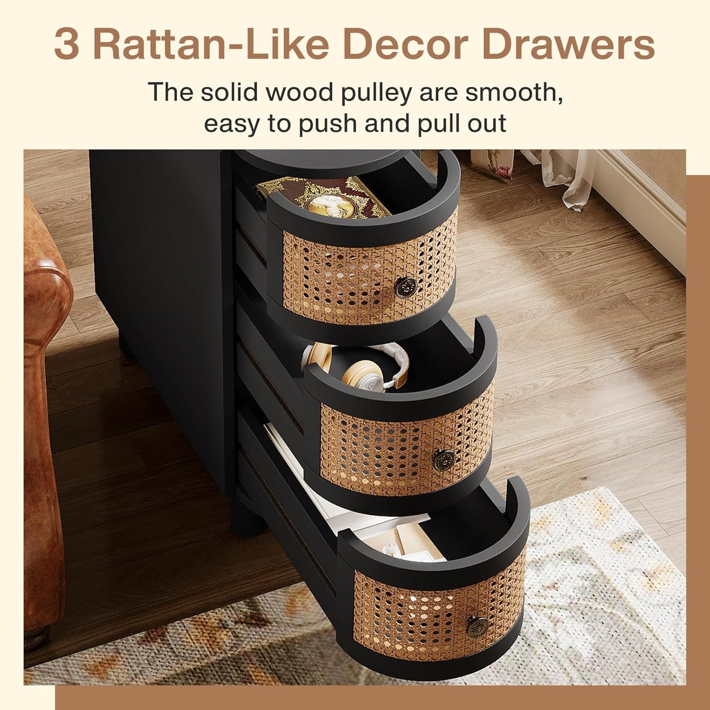 Rattan 3-Drawer Coffee Table with Vintage Metal Handles – Rustic Storage End Table