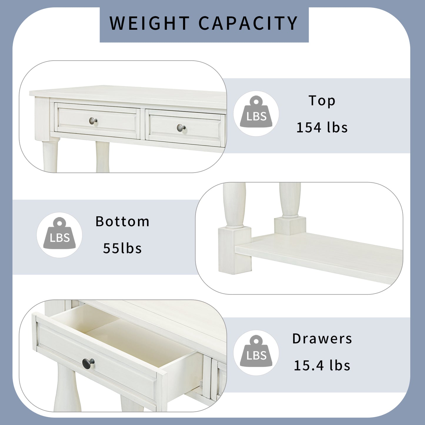 63" White Console Table with Drawers & Shelf for Entryway, Hallway, Living Room