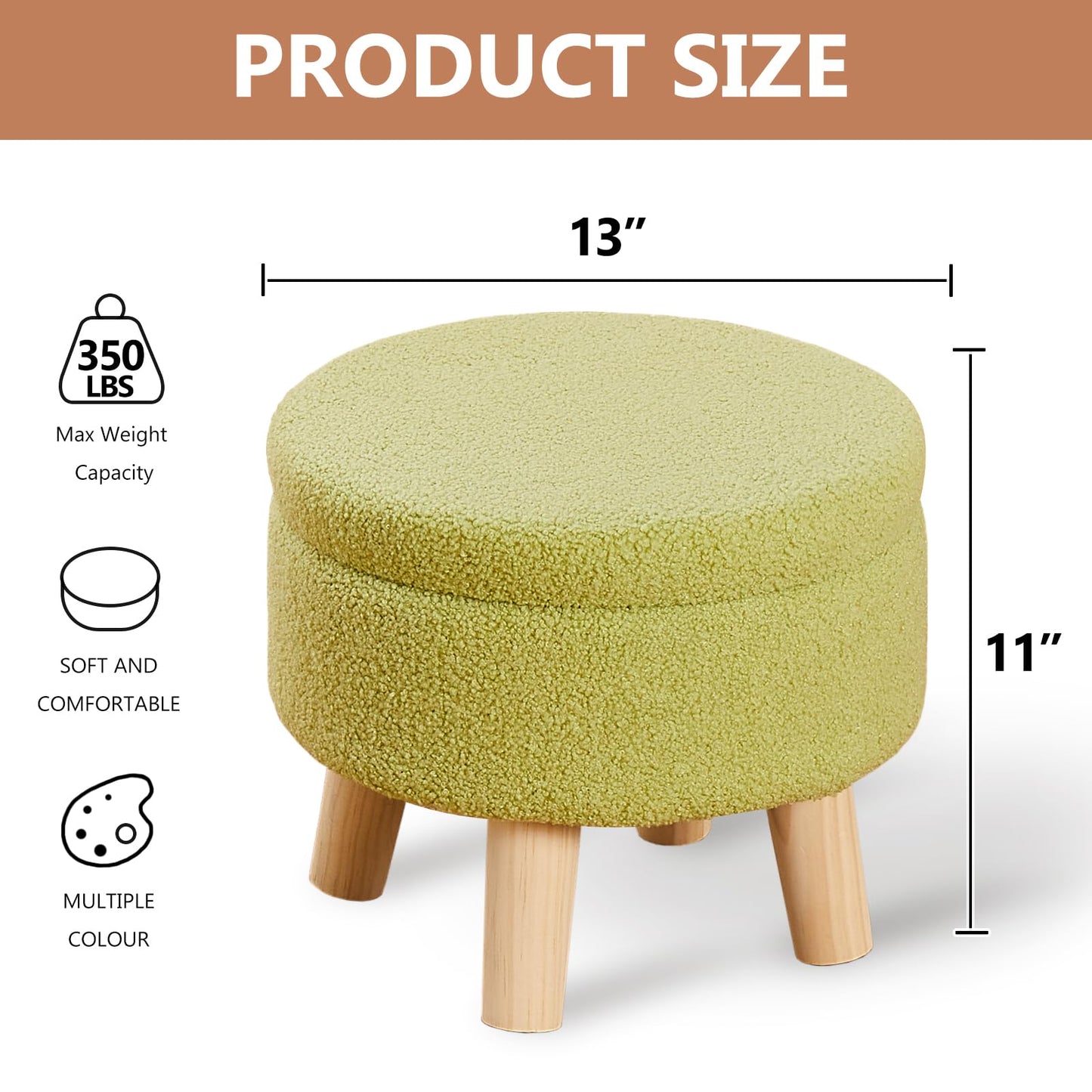 Round Storage Ottoman, Teddy Velvet Footrest with Wood Legs for Living Room, Green