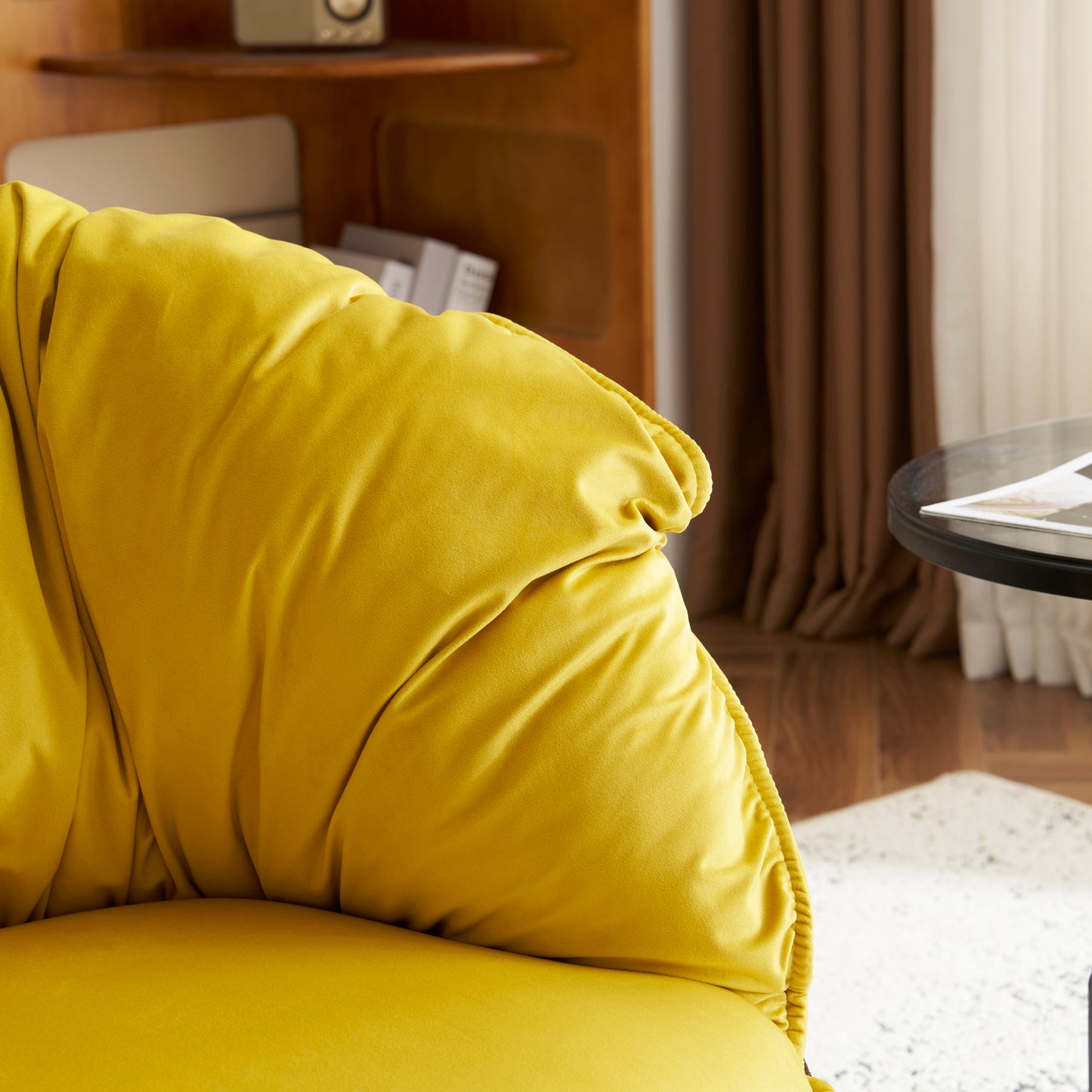 Modern Velvet Barrel Accent Chair with Metal Legs – Yellow Armchair