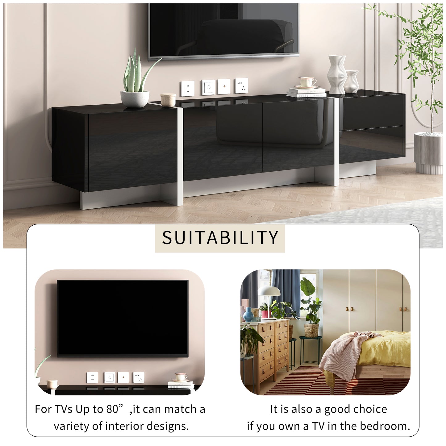 Modern Black & White TV Stand, Fits TVs Up to 80'', High Gloss Cabinet
