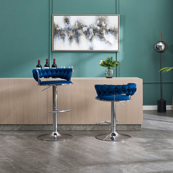 Set of 2 Blue Velvet Bar Stools with Chrome Base & Swivel Adjustable Height