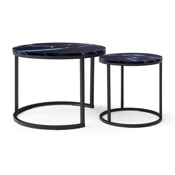 Set of 2 Nesting Coffee Tables – Round Black Frame with Marble Pattern Tops