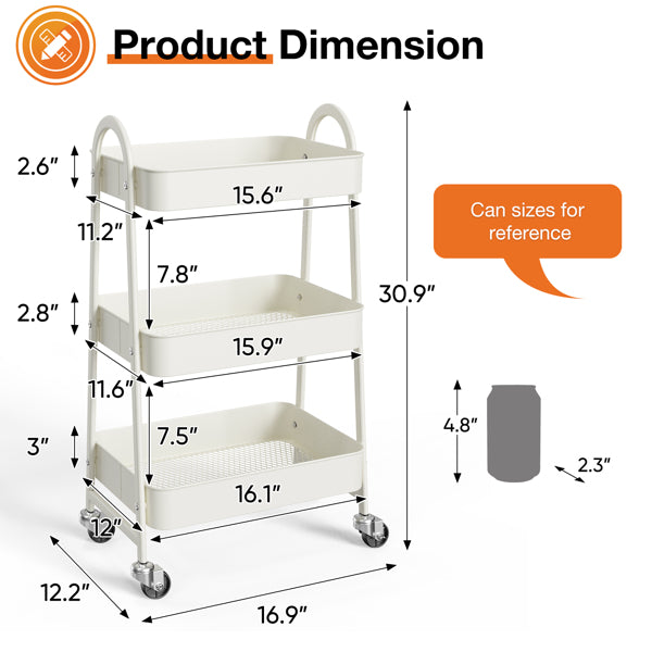 3-Tier Rolling Metal Utility Cart – Storage Organizer for Home & Office