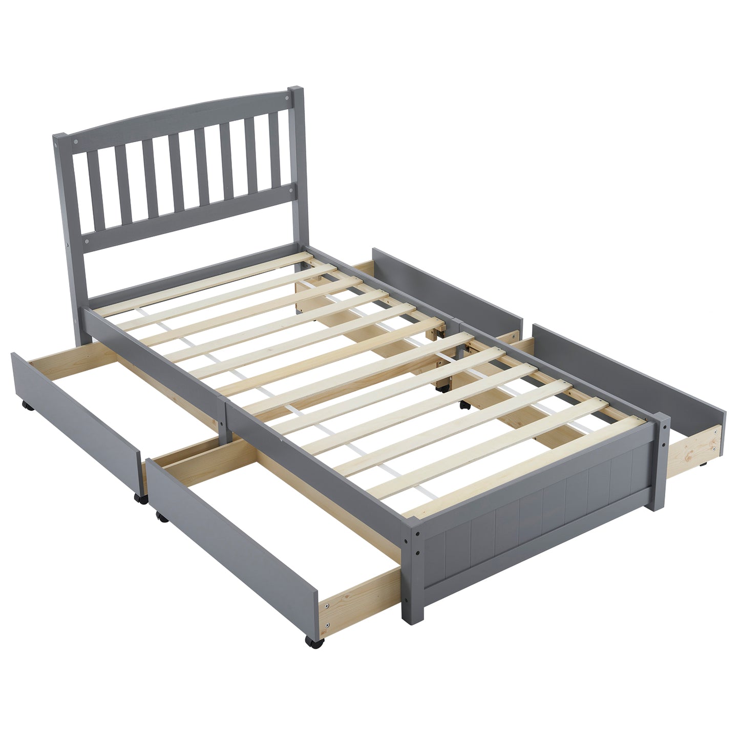 Twin Pine Wood Platform Bed with 4 Storage Drawers & Curved Headboard – Gray