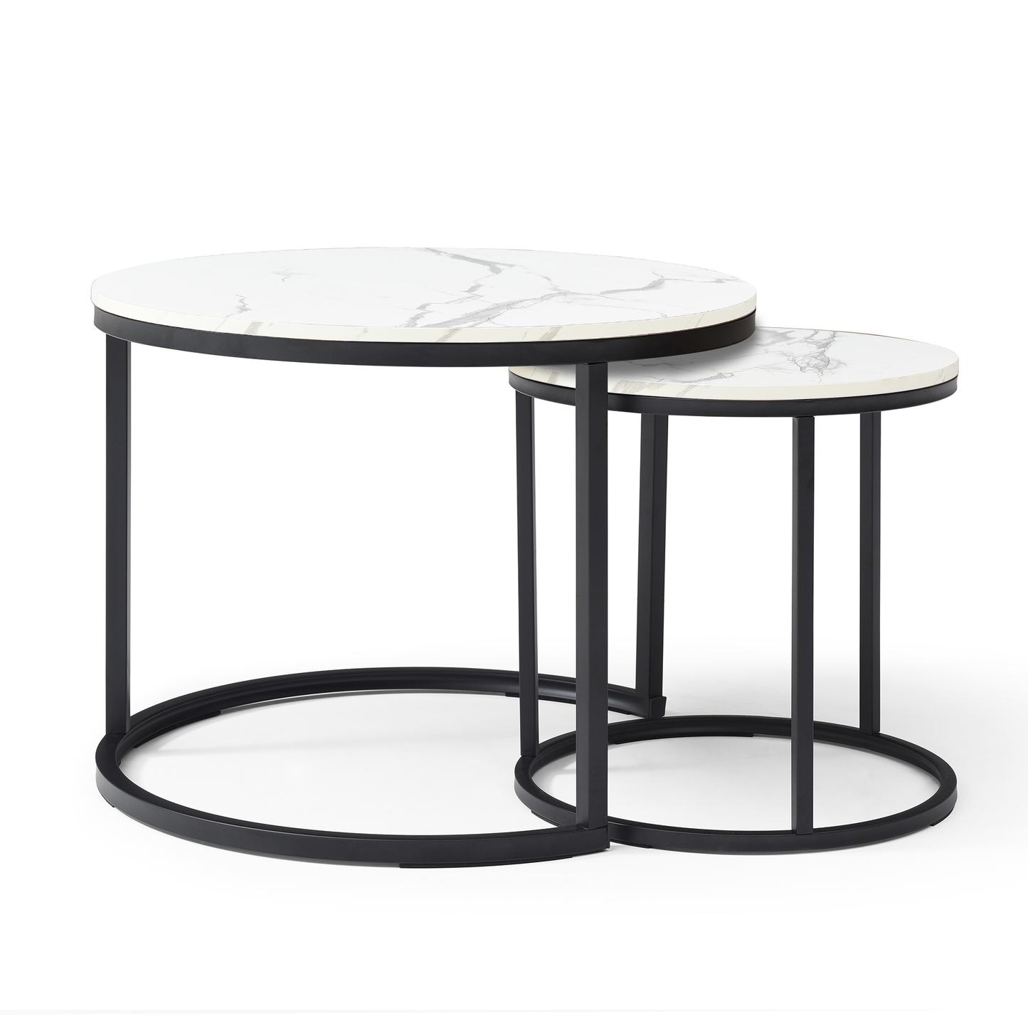 Set of 2 Nesting Coffee Tables – White & Gray Marble Top with Black Metal Frame
