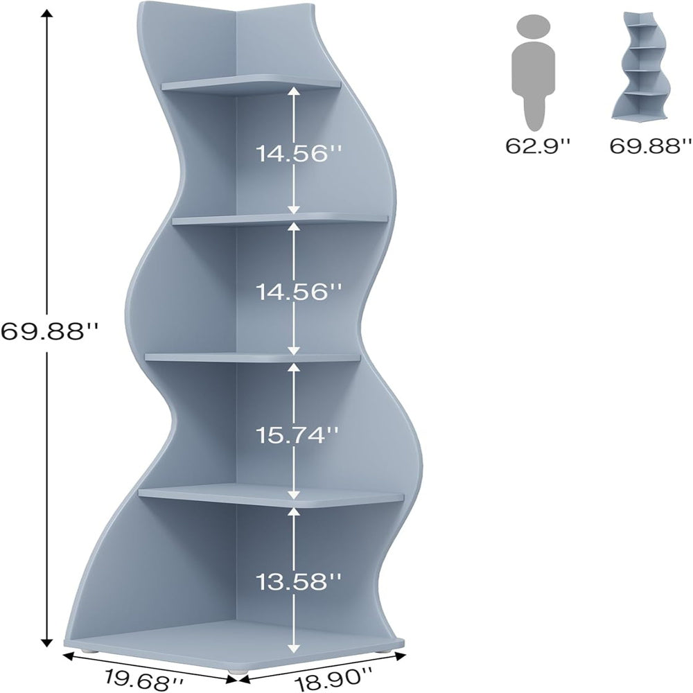 Bookcase Wavy 5-Tier Blue Corner Bookshelf – Modern Sculpted Storage Rack