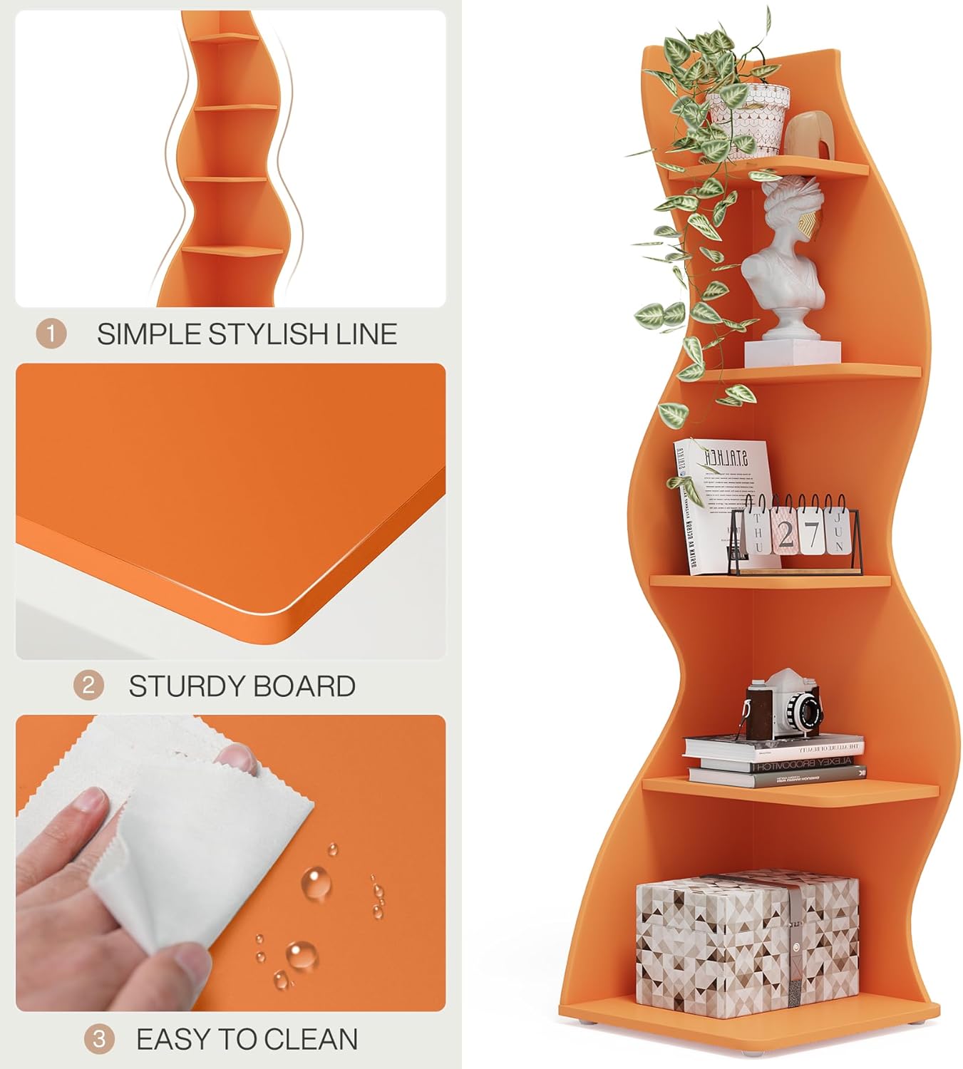 Bookcase Wavy 5-Tier Orange Corner Bookshelf – Modern Sculpted Storage Rack