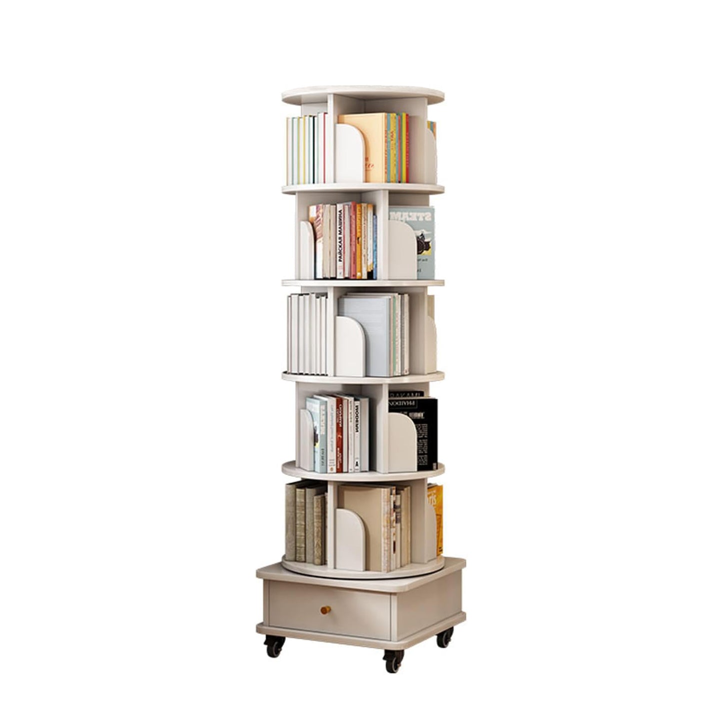 6-Tier 360° Rotating Bookshelf with Wheels & Drawer, Space-Saving Warm White