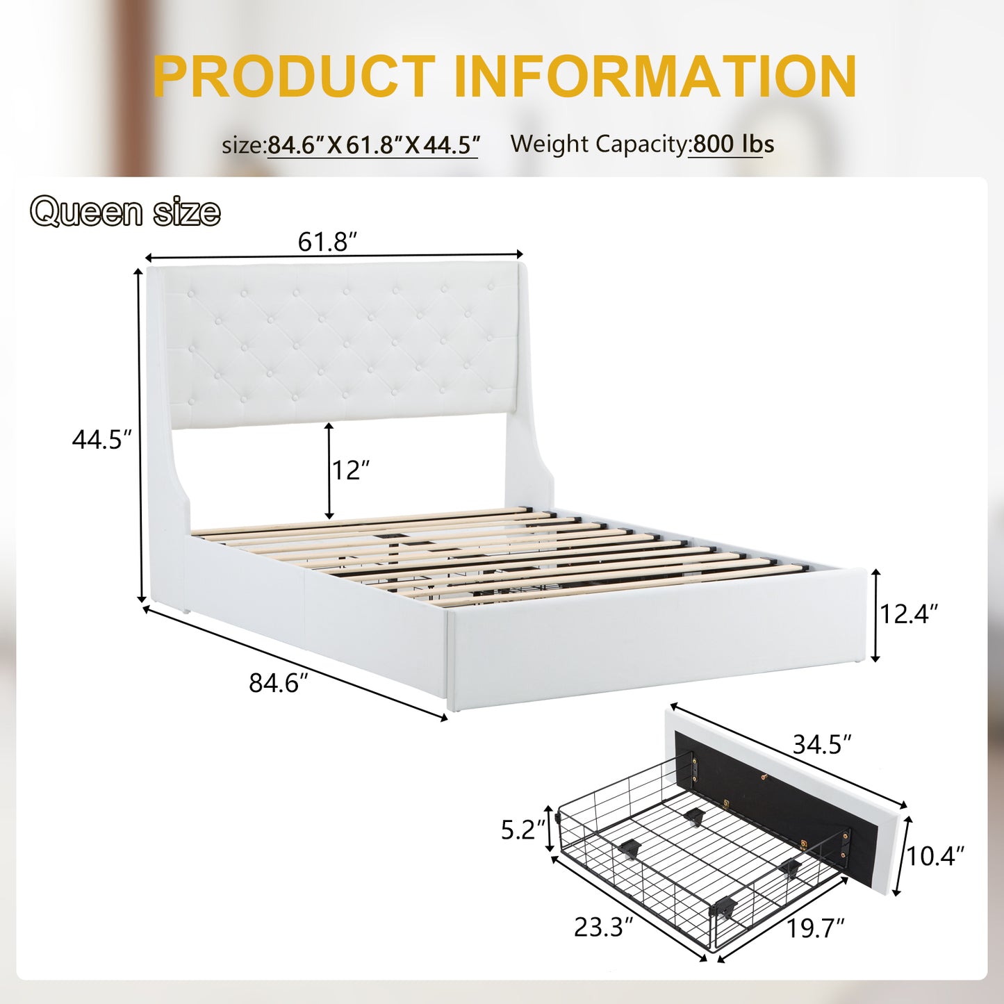 Queen Upholstered Storage Bed Frame with 4 Drawers & Wingback Tufted Headboard