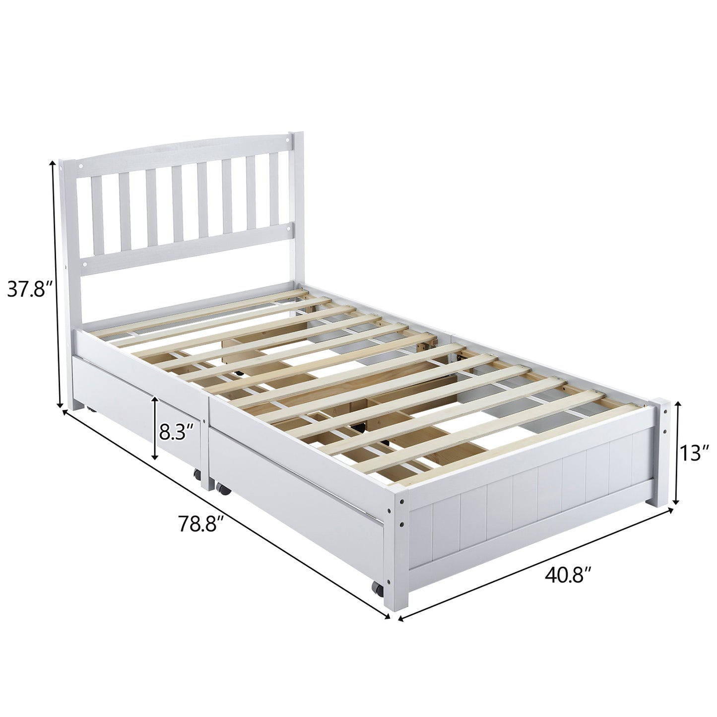 Twin Pine Wood Platform Bed with 4 Storage Drawers & Curved Headboard – White