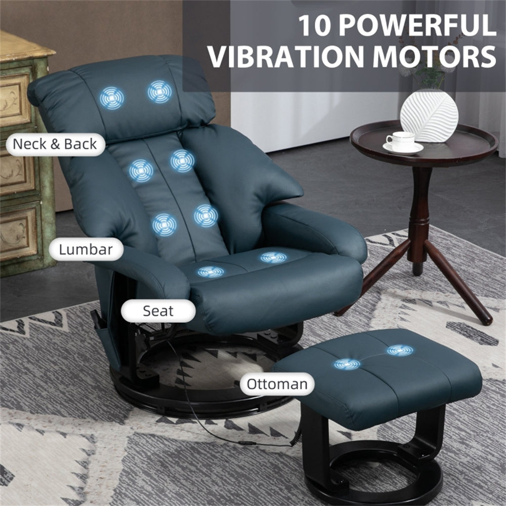 PU Leather Massage Recliner Chair with Ottoman & Remote, Blue
