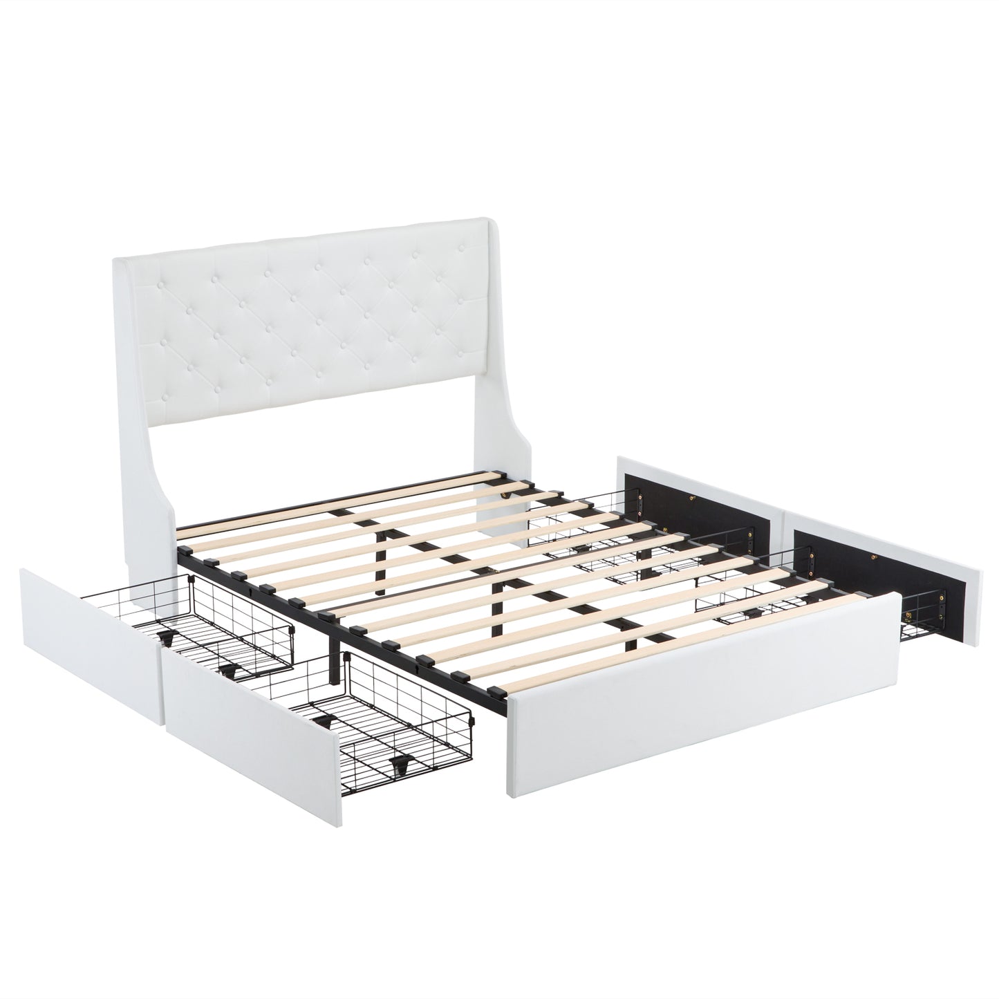 Queen Upholstered Storage Bed Frame with 4 Drawers & Wingback Tufted Headboard