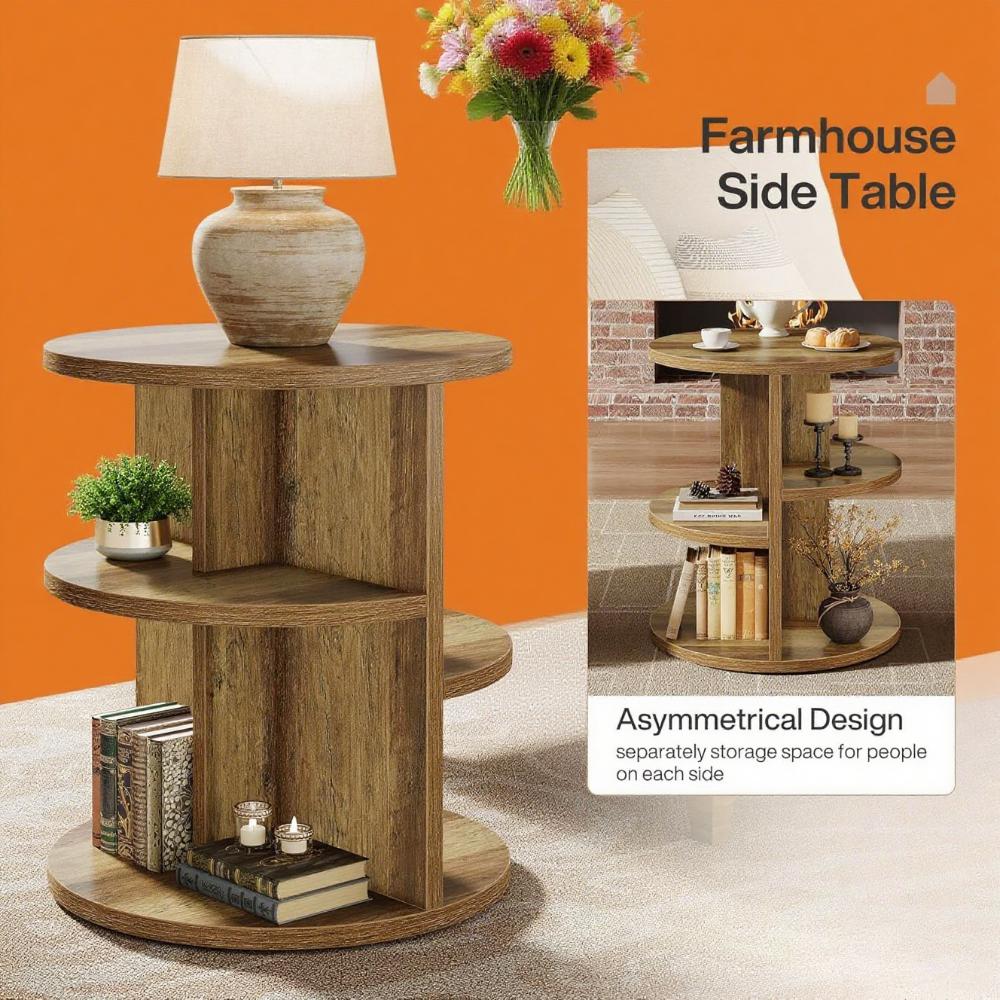 Farmhouse Round Coffee Table with 3-Tier Storage – Rustic Brown Sofa Side Table