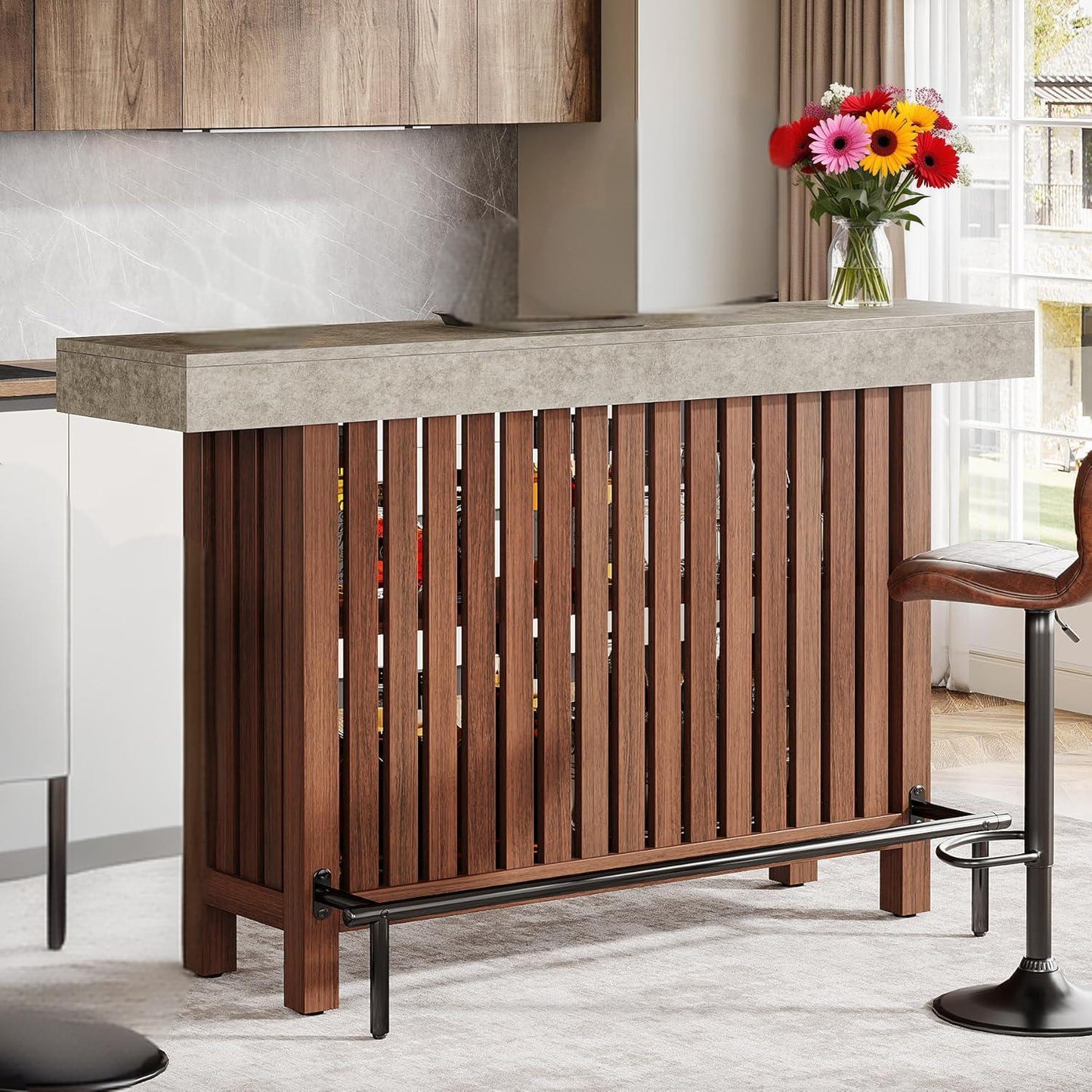 63" Brown Modern Bar Table with 2-Tier Storage, Footrest & Cement Texture Finish