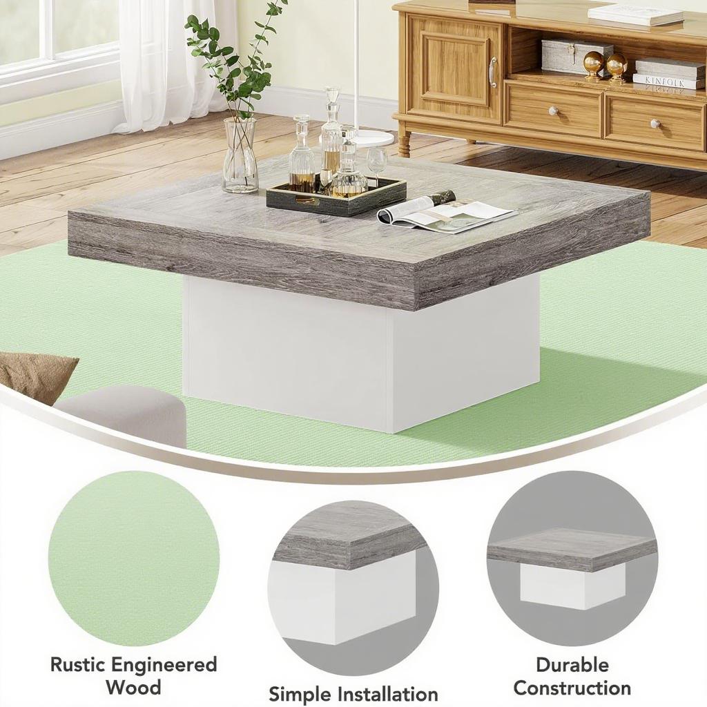 Rustic LED Coffee Table – 35" Square Farmhouse Style with Storage & Lights