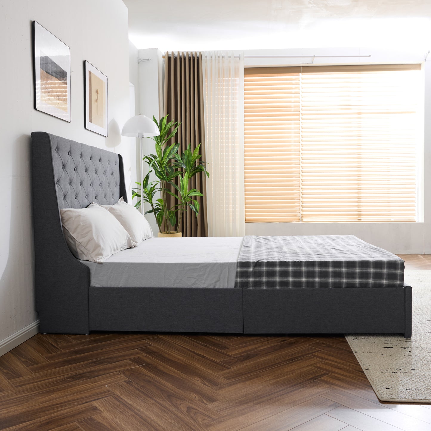 Queen Upholstered Storage Bed Frame with 4 Drawers & Wingback Tufted Headboard