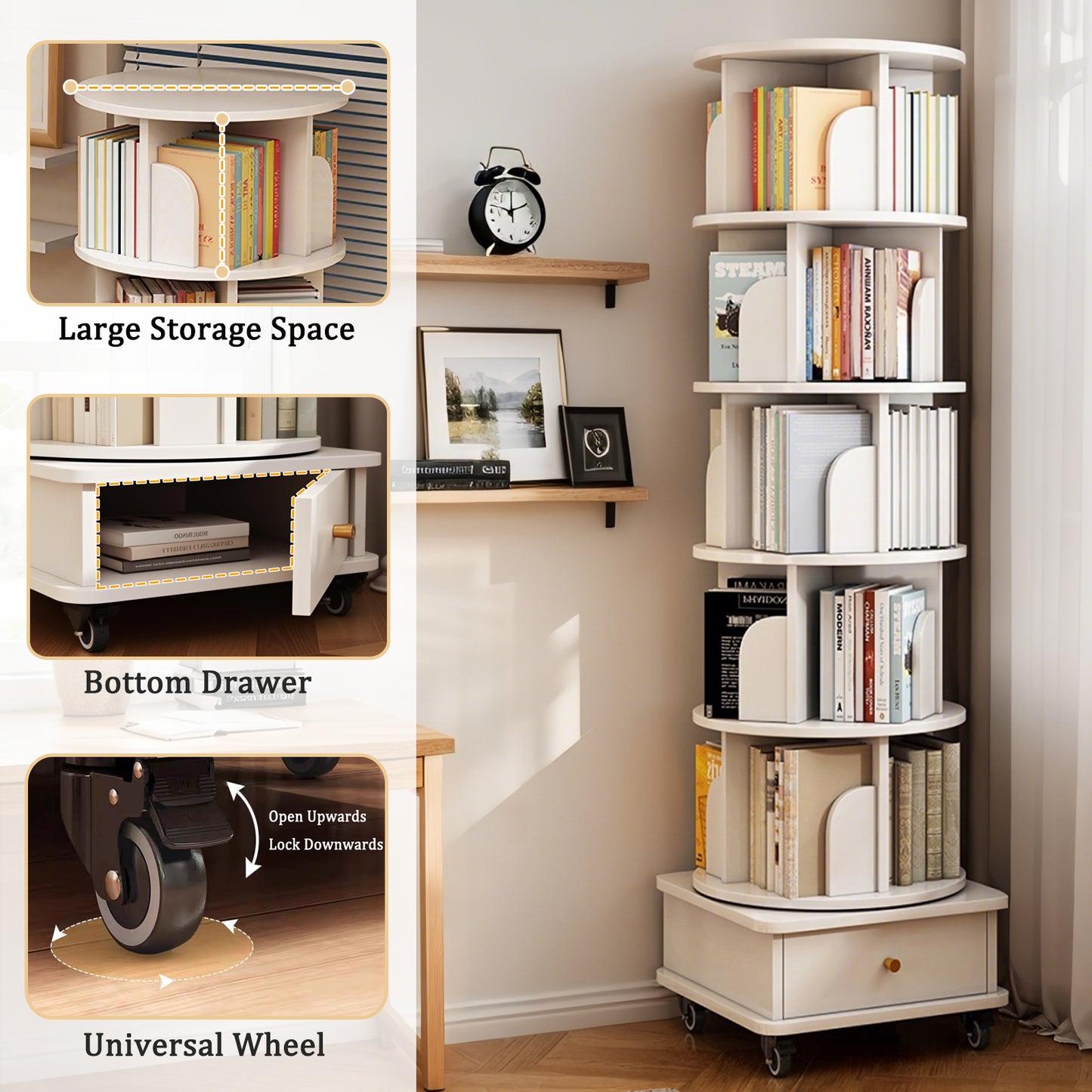 6-Tier 360° Rotating Bookshelf with Wheels & Drawer, Space-Saving Warm White