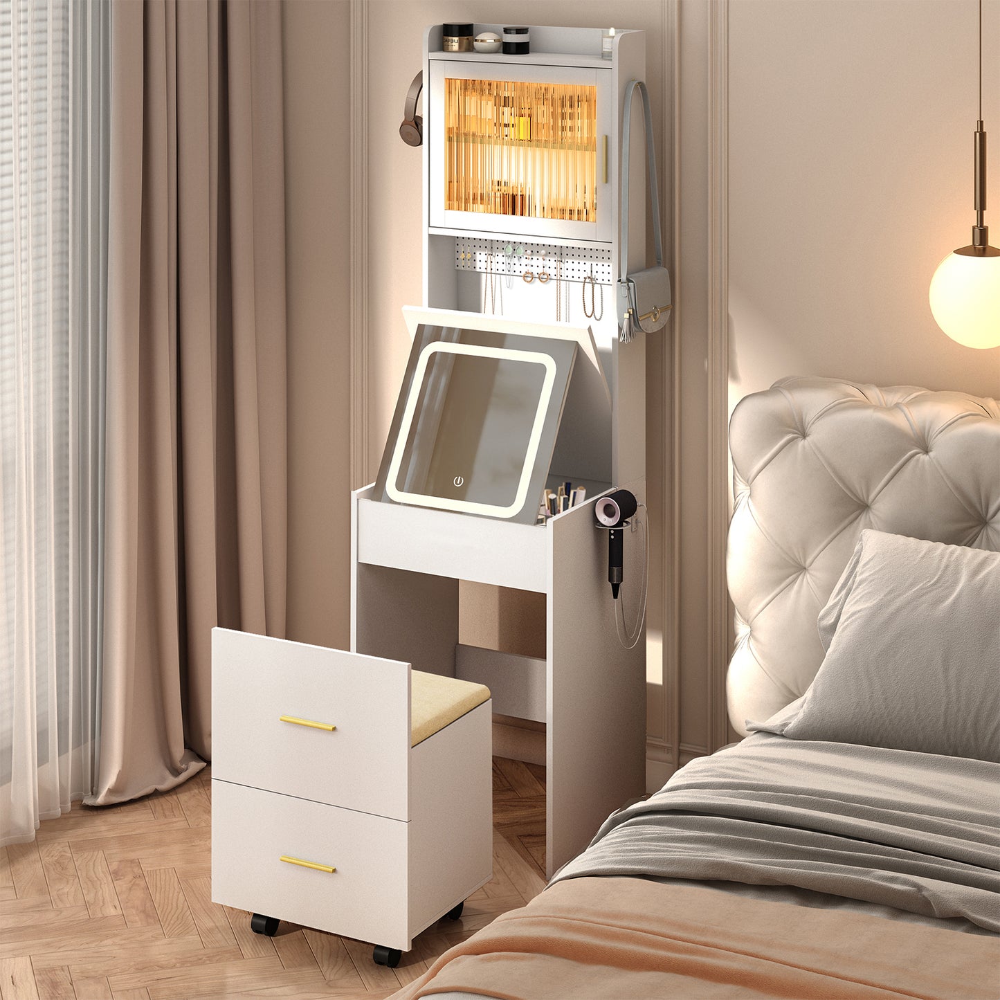 Compact Vanity Desk with Mirror, LED Lights, Charging Station & Stool, White