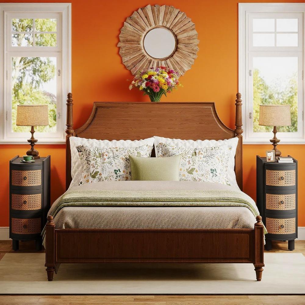 Rattan 3-Drawer Coffee Table with Vintage Metal Handles – Rustic Storage End Table