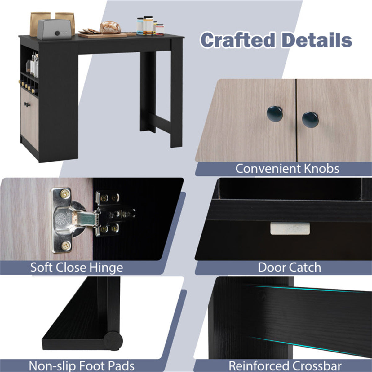 48" Black Kitchen Bar Table with Storage Cabinet and Built-In Wine Rack