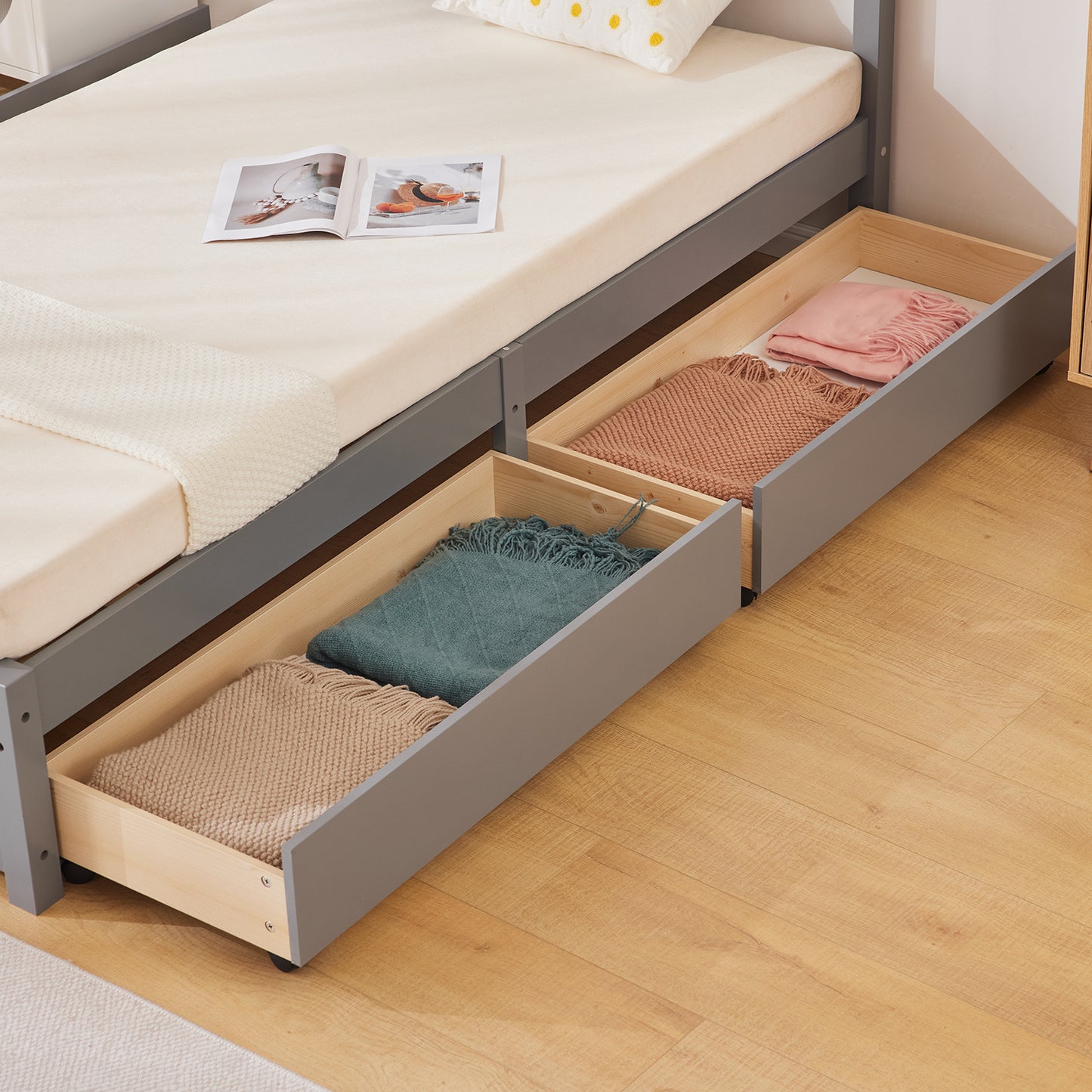 Twin Pine Wood Platform Bed with 4 Storage Drawers & Curved Headboard – Gray