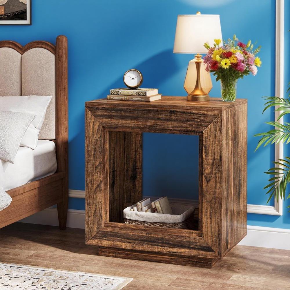 Rustic Farmhouse End Table with Shelf – Distressed Brown Coffee side Table