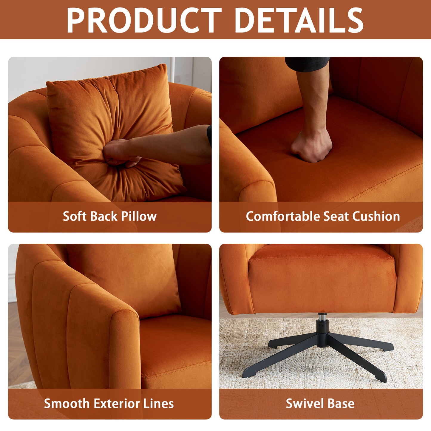 360° Swivel Velvet Accent Chair with Fluffy Cushion – Burnt Orange